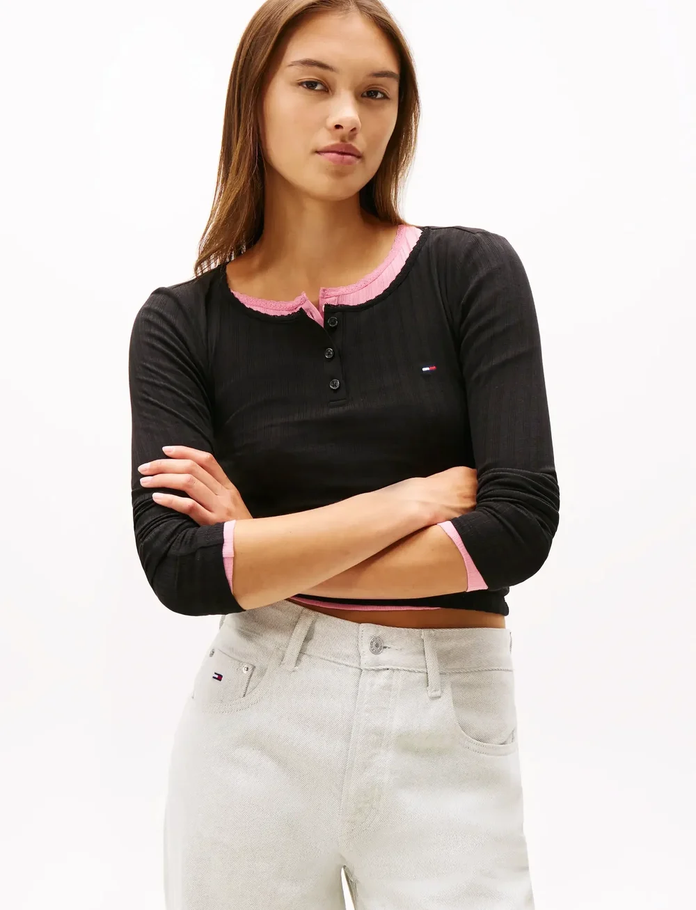 Tommy Jeans - TJW SLIM SH IRREGULAR RIB LS - långärmade toppar - black - 0