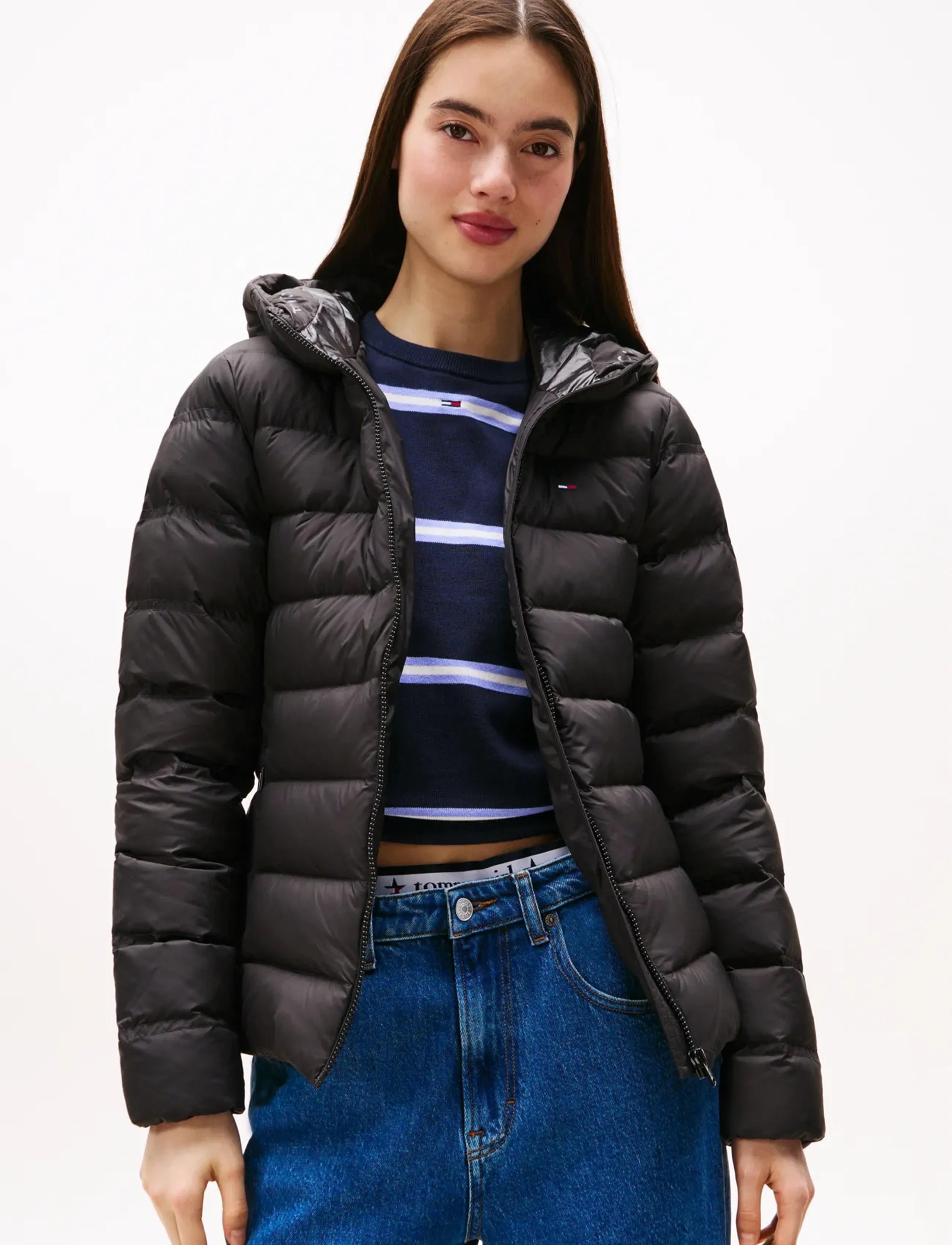 Tommy Jeans Tjw Slim Hood Prnt Down Jckt Ext, S, Black, Jakker > Vatteret Jakke, Dame