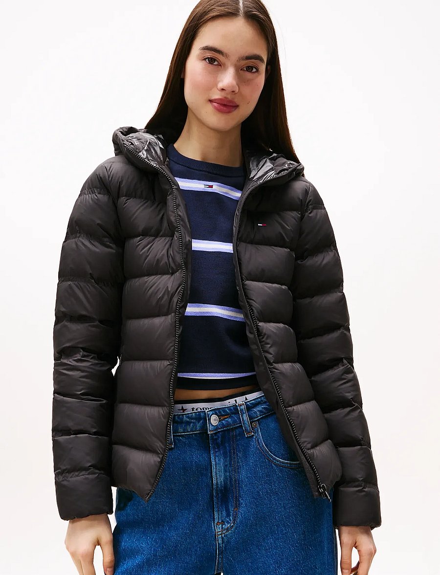 Tommy Jeans - TJW SLIM HOOD PRNT DOWN JCKT EXT - winter jackets - black - 0