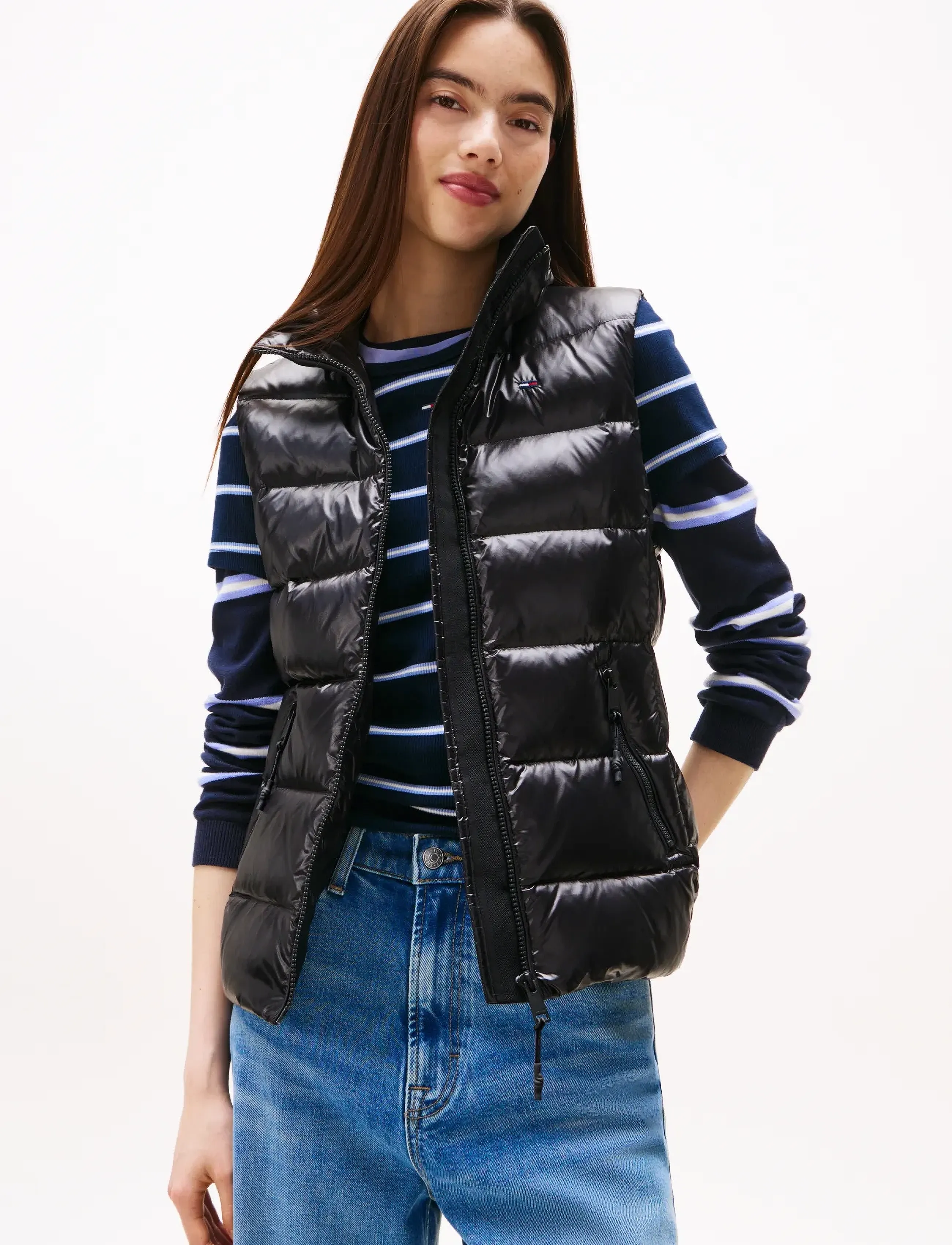 Tommy Jeans Tjw Slim Zip Print Down Vest, XS, Black, Veste > Vatterede Veste, Dame