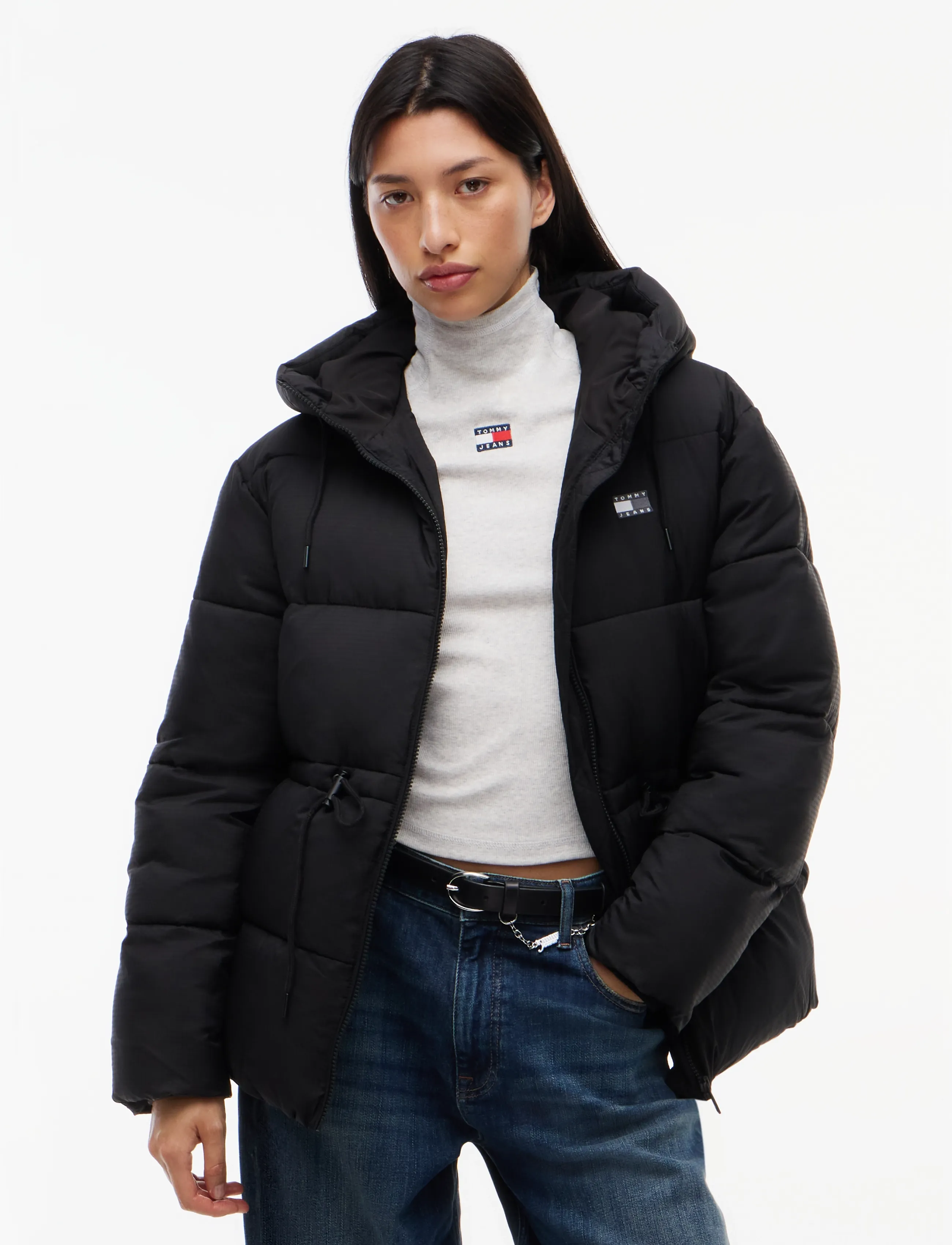Tommy Jeans TJW HOODED MIDI PUFFER JACKET - Winter jackets - BLACK / black