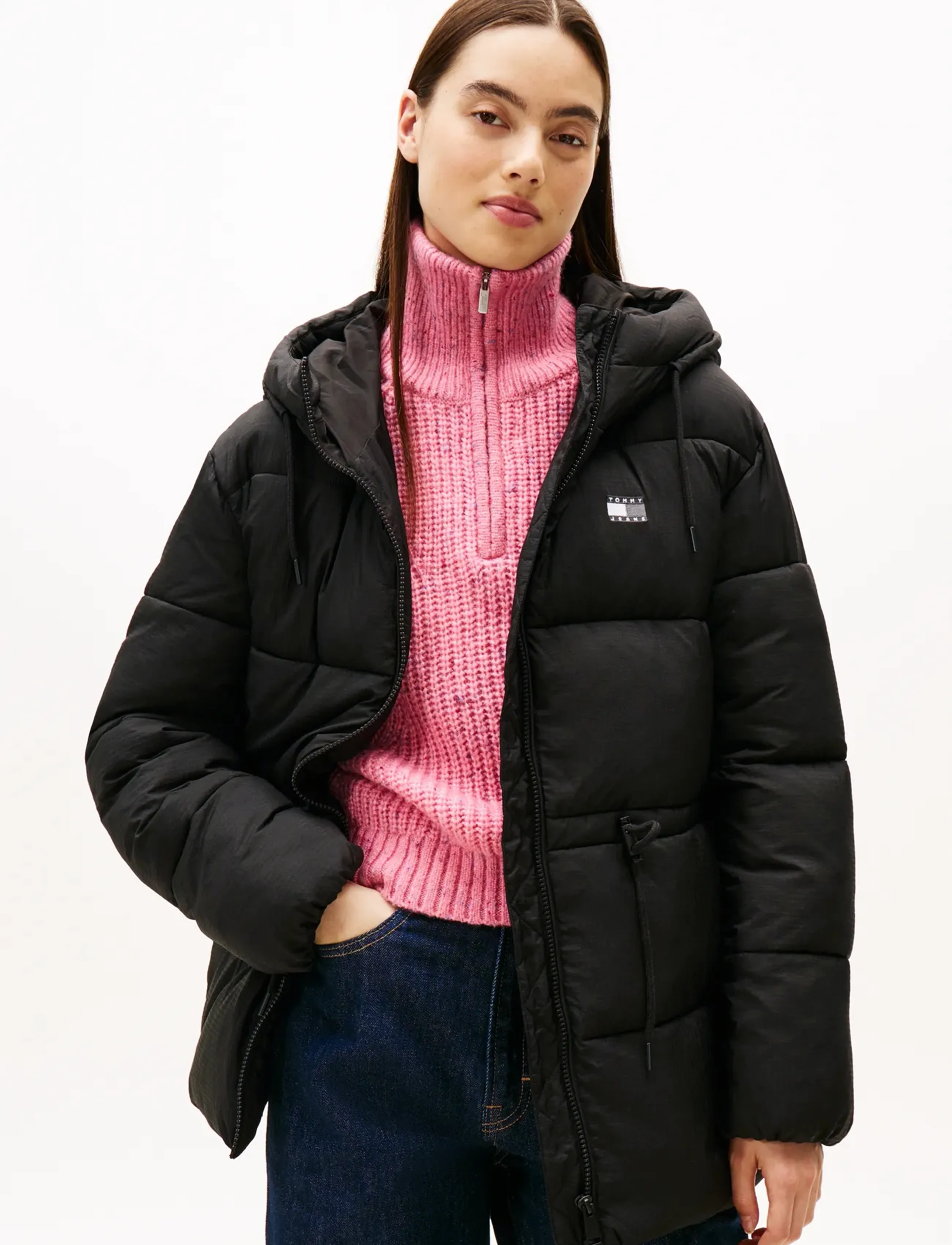 Tommy Jeans TJW HOODED MIDI PUFFER JACKET - Tøj - BLACK / black
