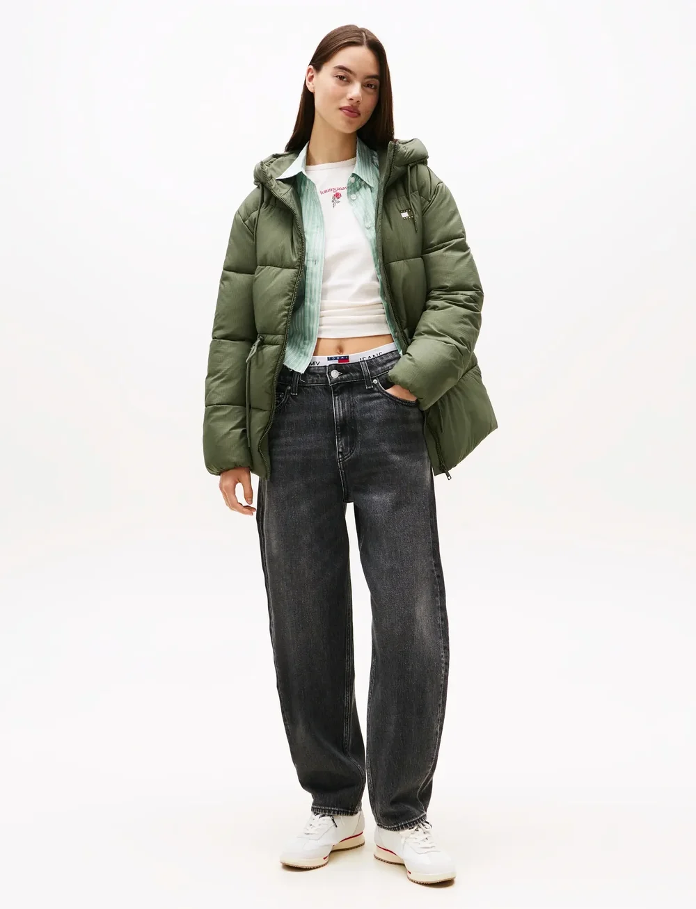Tommy Jeans - TJW HOODED MIDI PUFFER JACKET - dunjakker - pewter green - 0