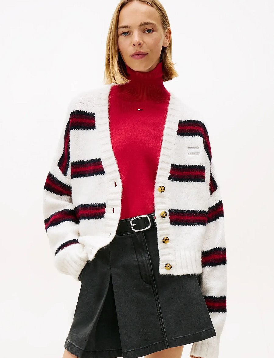 Tommy Jeans - TJW BADGE STRIPE FLUFF CARDI EXT - swetry rozpinane - ancient white / stripe - 0
