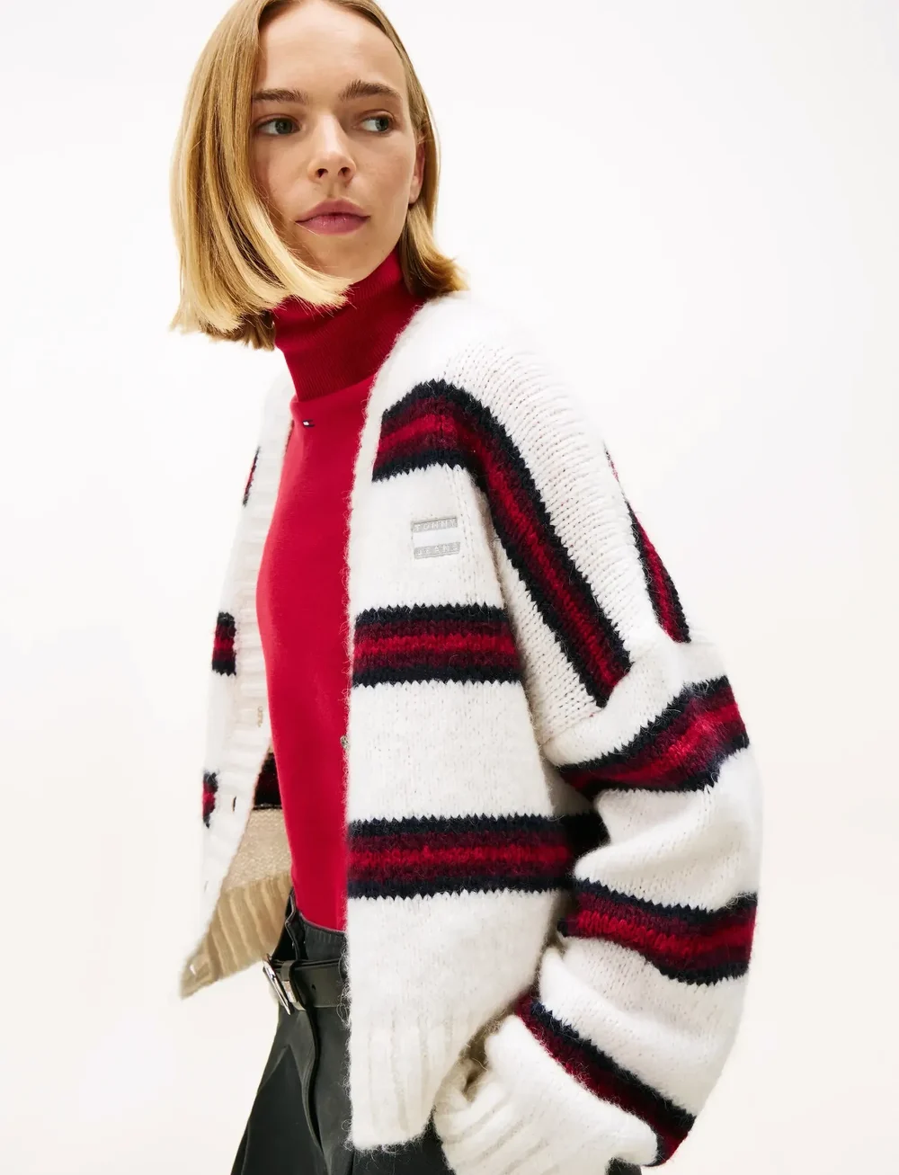 Tommy Jeans - TJW BADGE STRIPE FLUFF CARDI EXT - cardigans - ancient white / stripe - 4