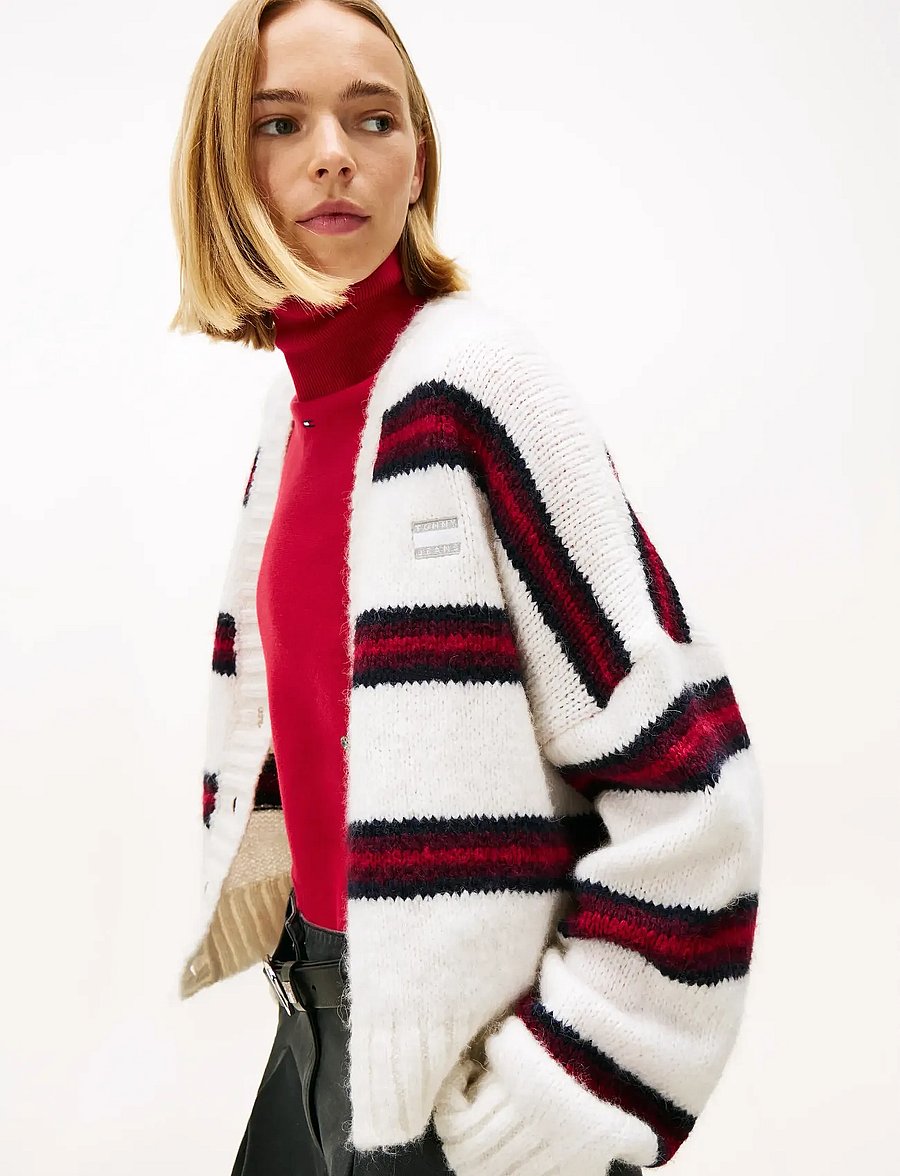 Tommy Jeans - TJW BADGE STRIPE FLUFF CARDI EXT - swetry rozpinane - ancient white / stripe - 4