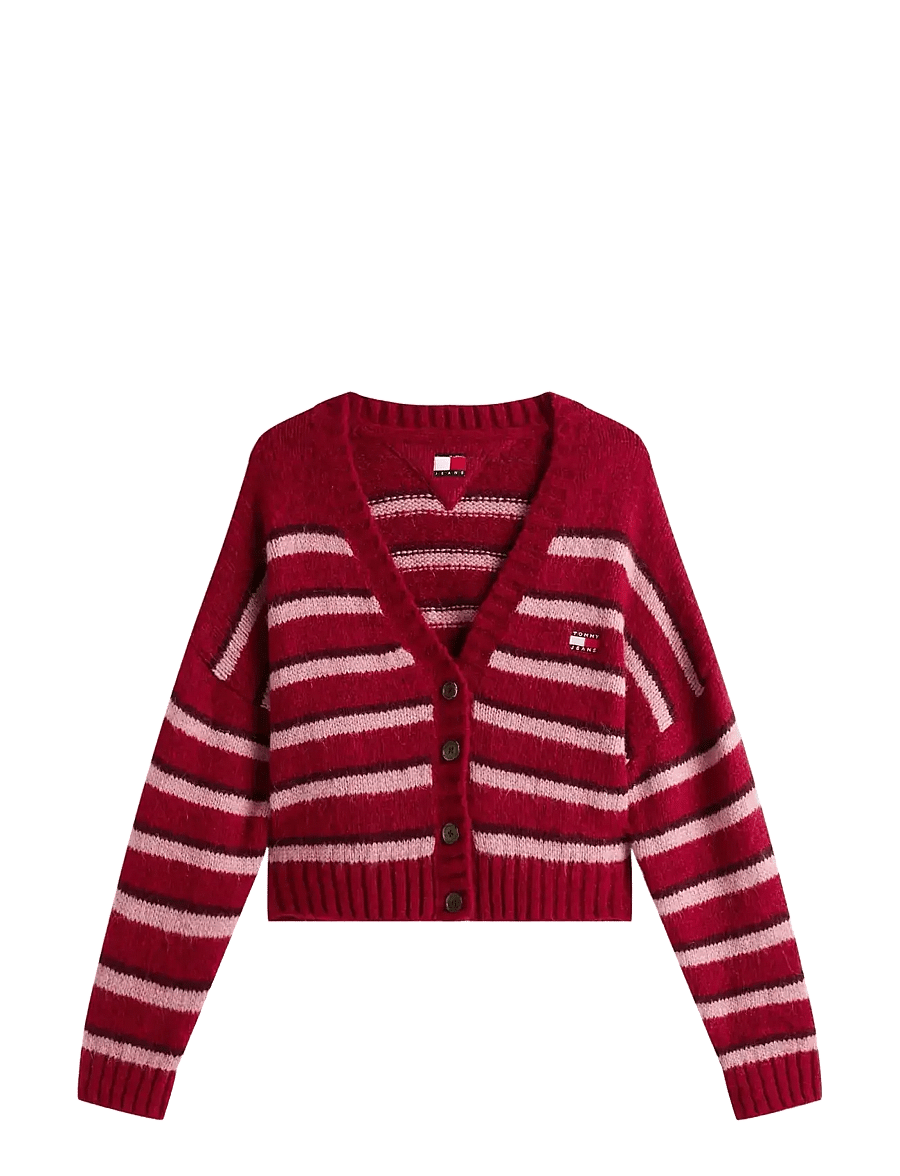 Tommy Jeans - TJW BADGE STRIPE FLUFF CARDI EXT - strickjacken - ruby rhubarb / stripe - 1
