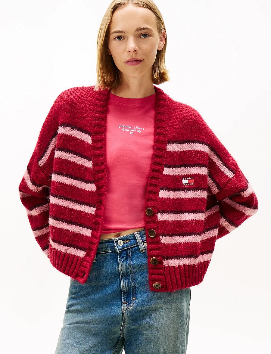 Tommy Jeans - TJW BADGE STRIPE FLUFF CARDI EXT - strickjacken - ruby rhubarb / stripe - 0
