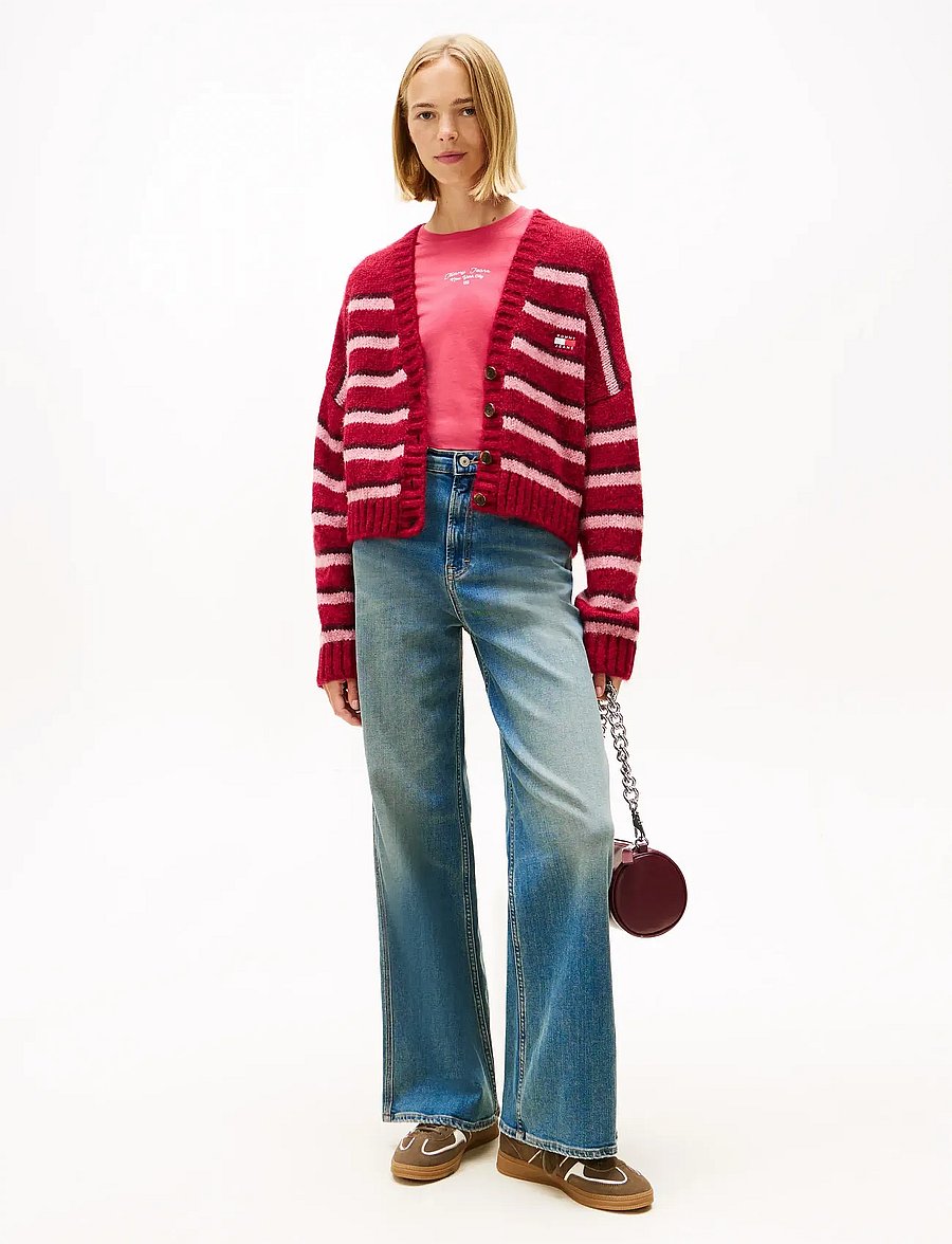 Tommy Jeans - TJW BADGE STRIPE FLUFF CARDI EXT - strickjacken - ruby rhubarb / stripe - 2