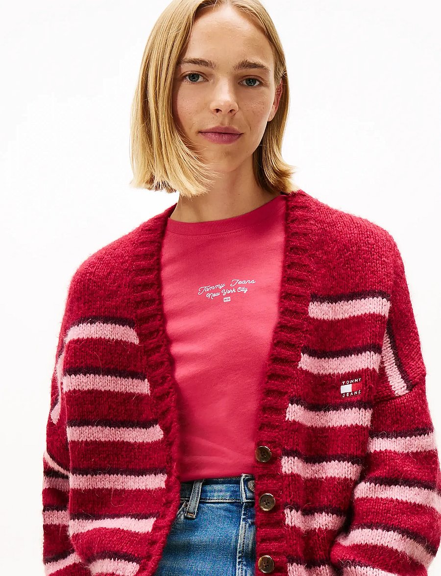 Tommy Jeans - TJW BADGE STRIPE FLUFF CARDI EXT - strickjacken - ruby rhubarb / stripe - 4