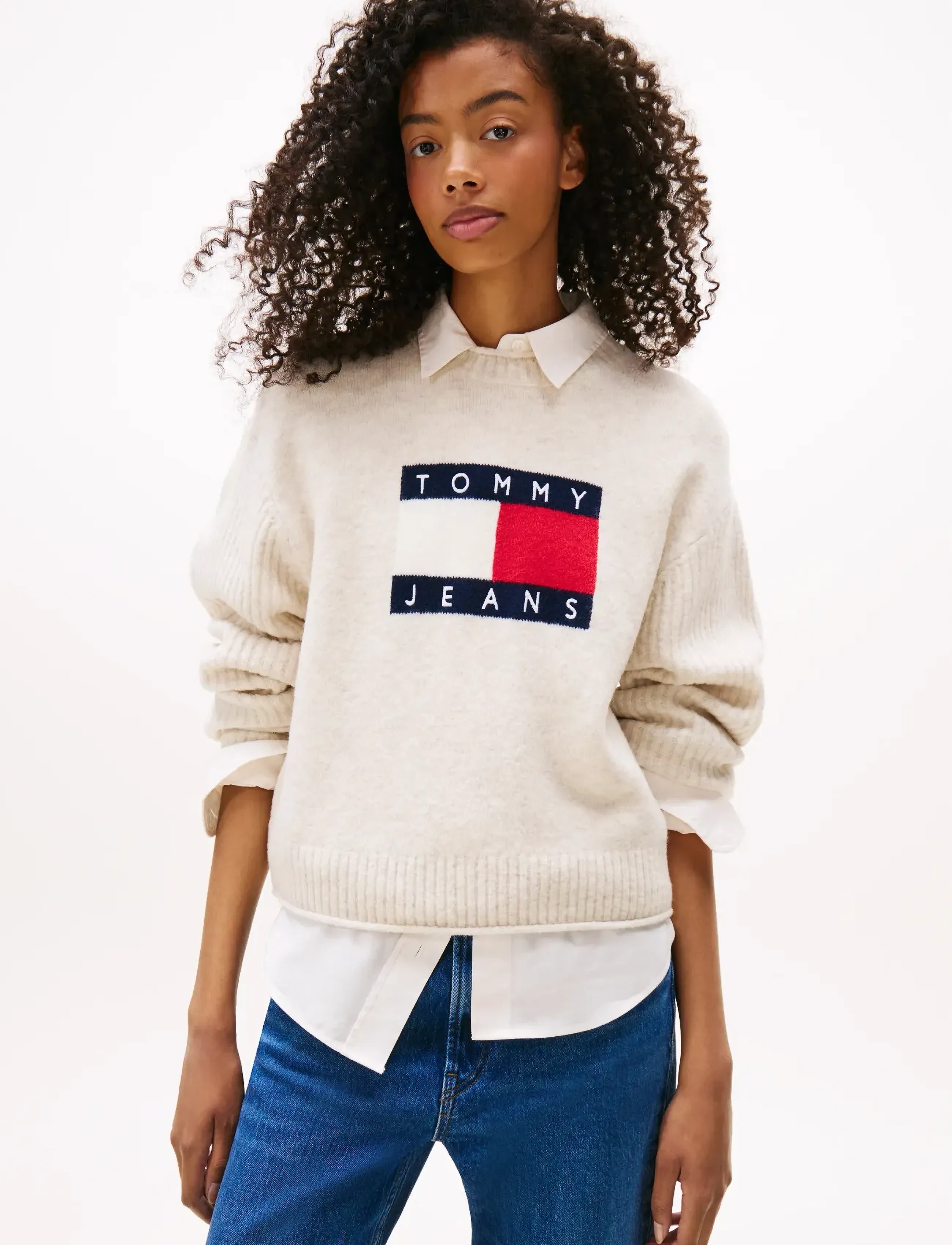 Tommy Jeans TJW MELANGE FLAG SWEATER RIB EXT - Tøj - ANCIENT WHITE HTR / cream