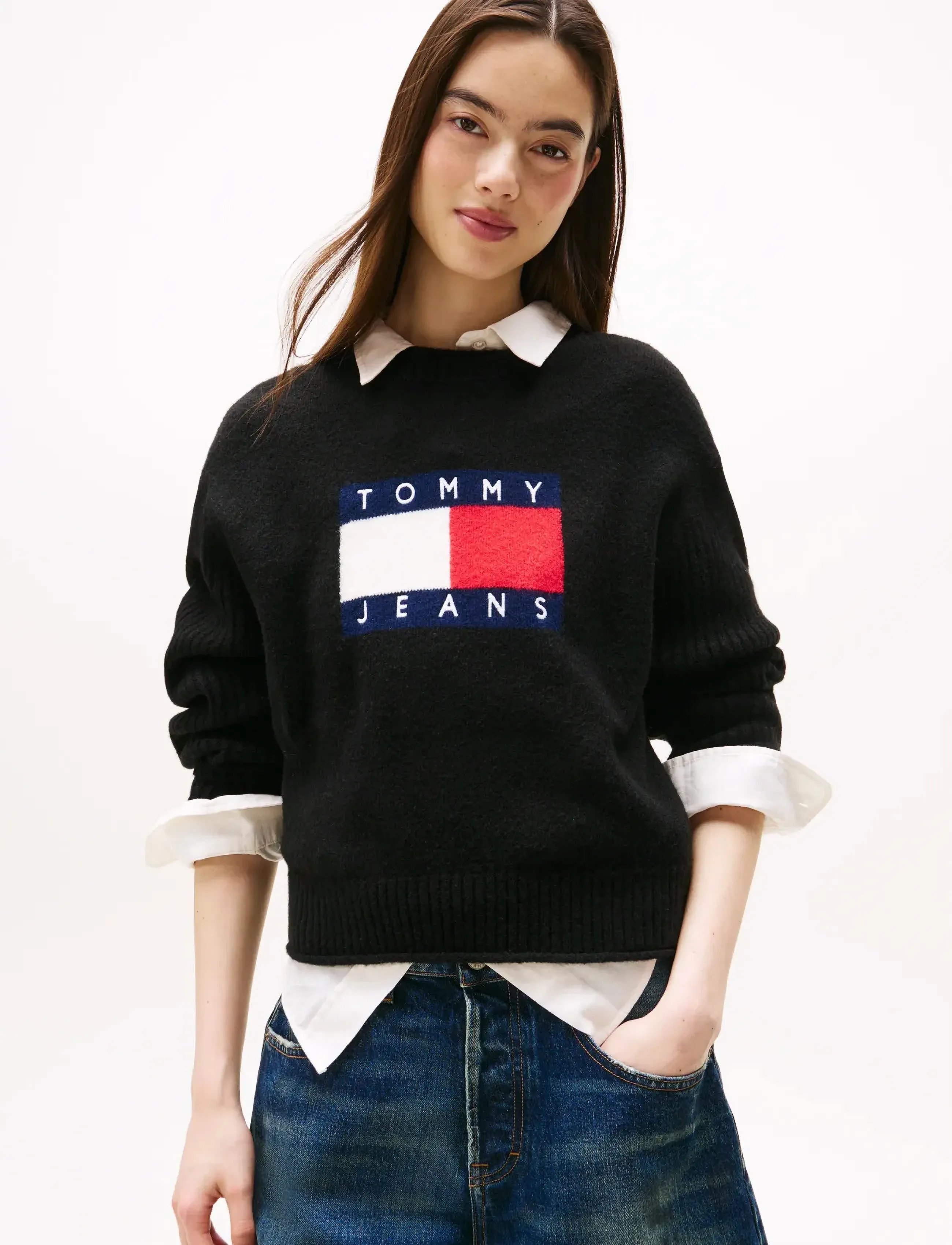 Tommy Jeans TJW MELANGE FLAG SWEATER RIB EXT - Tøj - BLACK HTR / black
