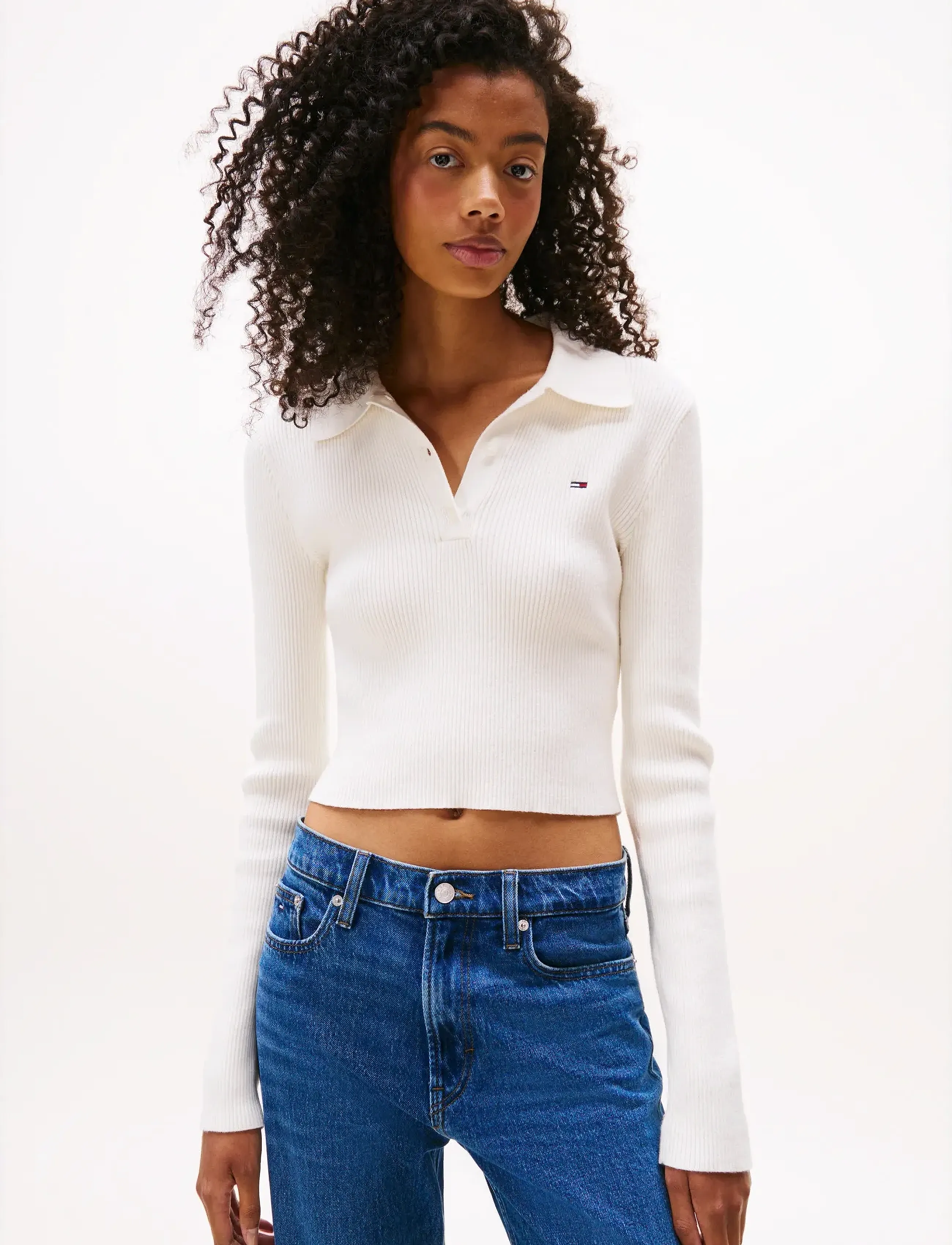 Tommy Jeans Tjw Essential Polo Ls Sweater, S, White, Crop Overdele > Crop Overdele Med Lange Ærmer, Dame