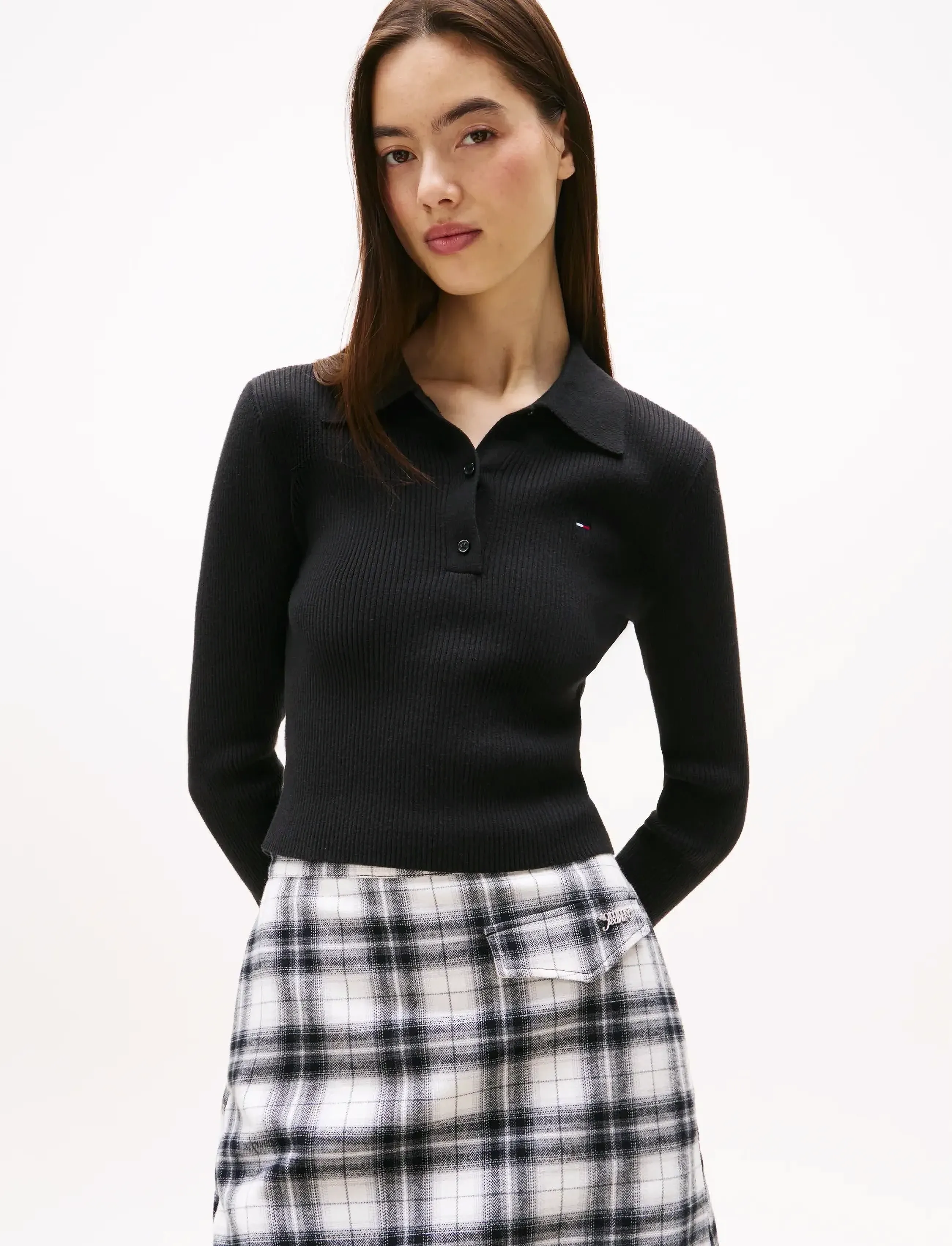 Tommy Jeans Tjw Essential Polo Ls Sweater, S, Navy, Crop Overdele > Crop Overdele Med Lange Ærmer, Dame