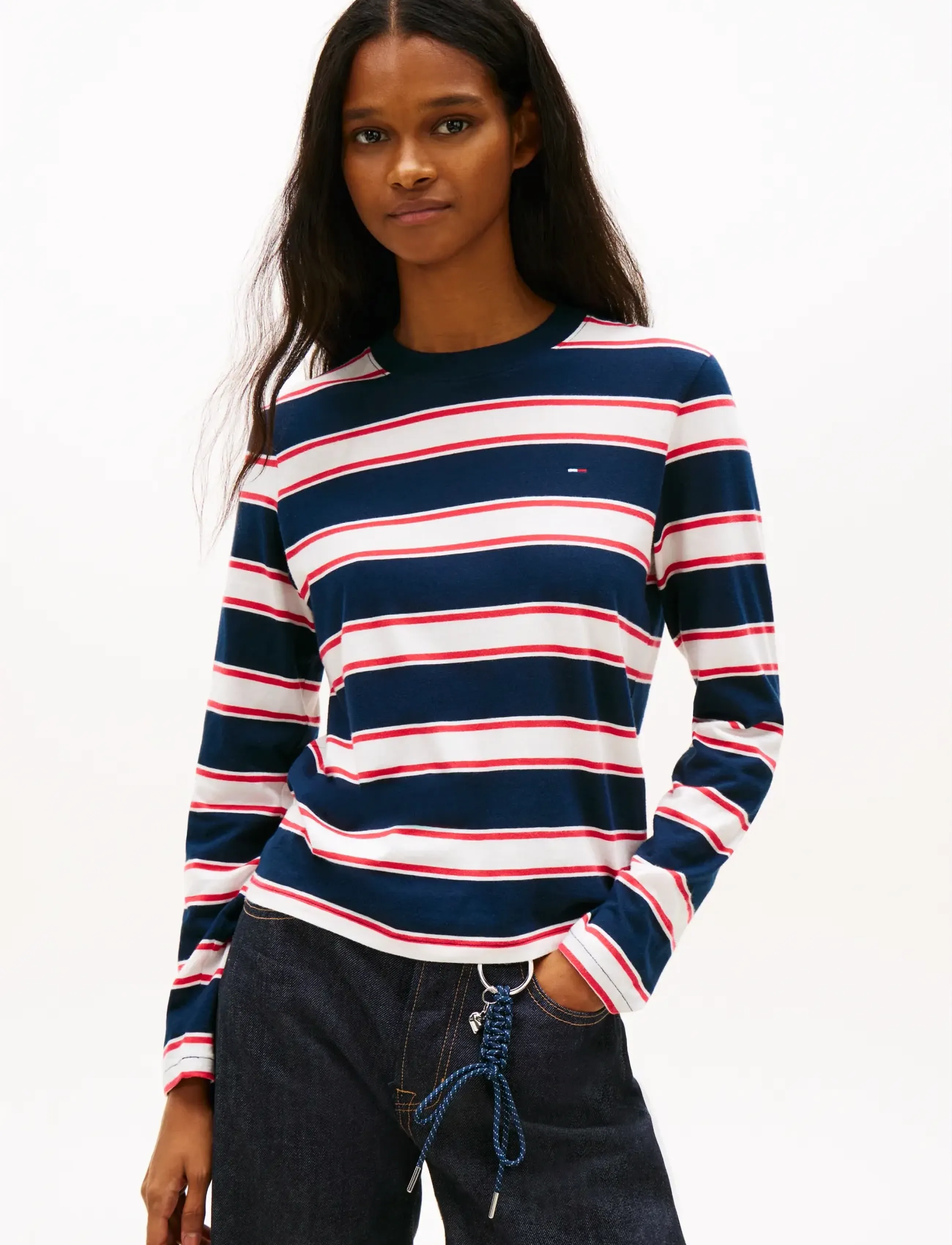 Tommy Jeans TJW REG S FLAG JERSEY LS TEE EXT - Tøj - DARK NIGHT NAVY   MULTI STRIPE / navy