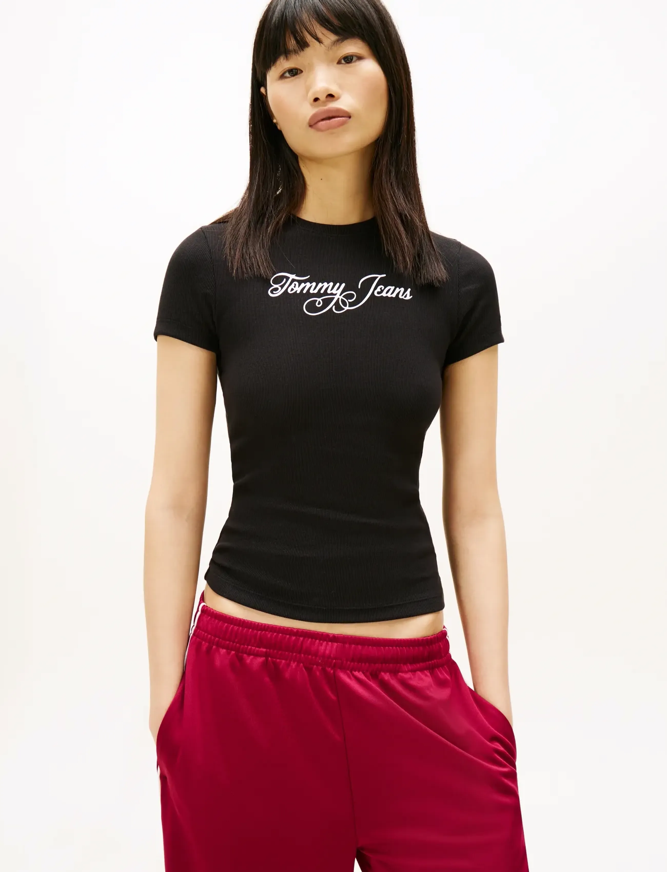 Tommy Jeans TJW SLIM ESS LOGO 1 RIB TEE EXT - Tommy Hilfiger - BLACK / black