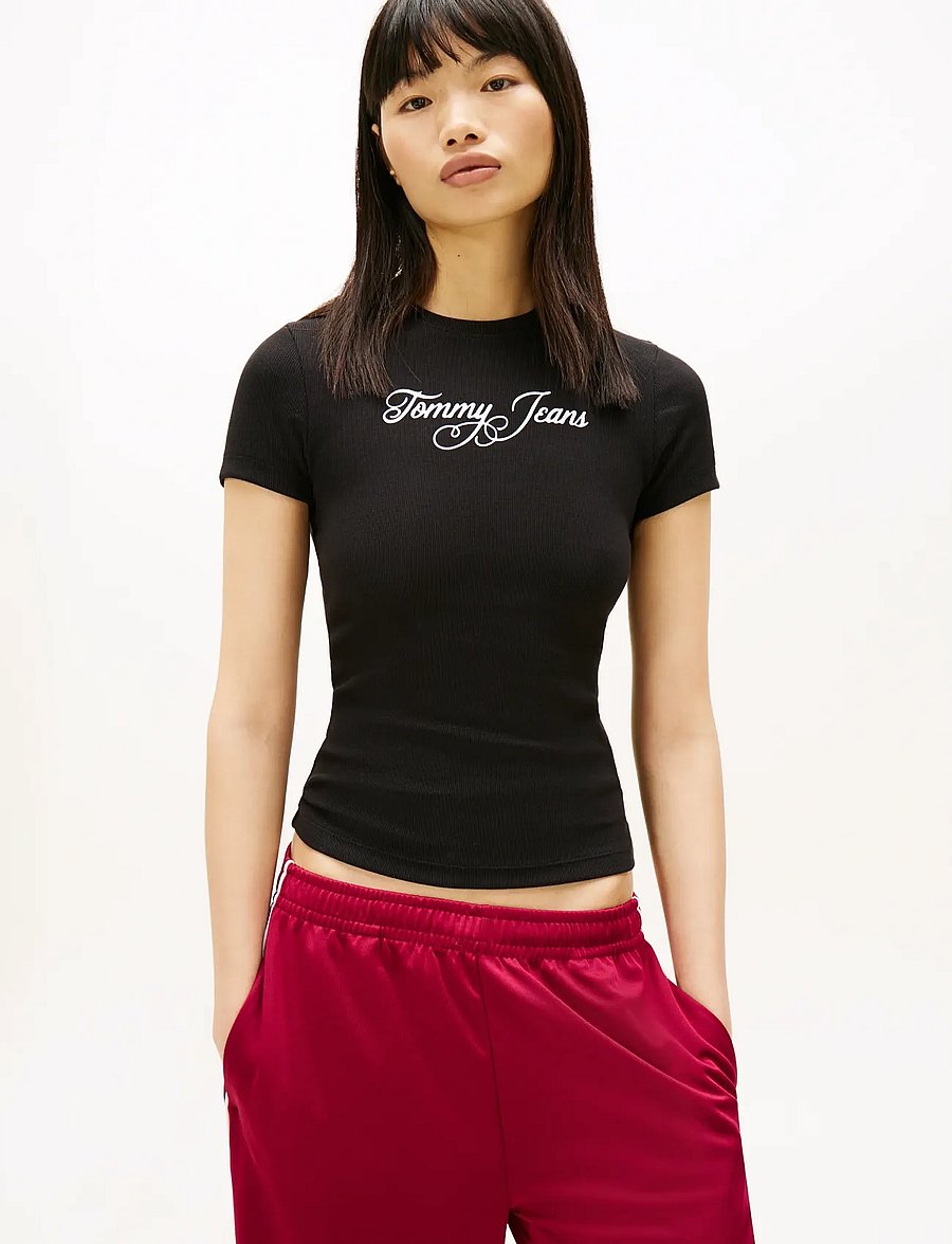 Tommy Jeans - TJW SLIM ESS LOGO 1 RIB TEE EXT - t-shirts - black - 0