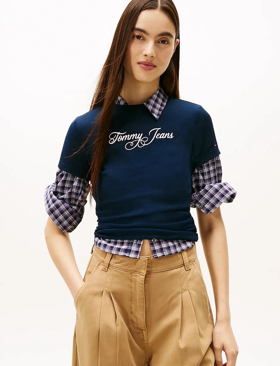 Tommy Jeans - TJW SLIM ESS LOGO 1 RIB TEE EXT - t-shirts - dark night navy - 0