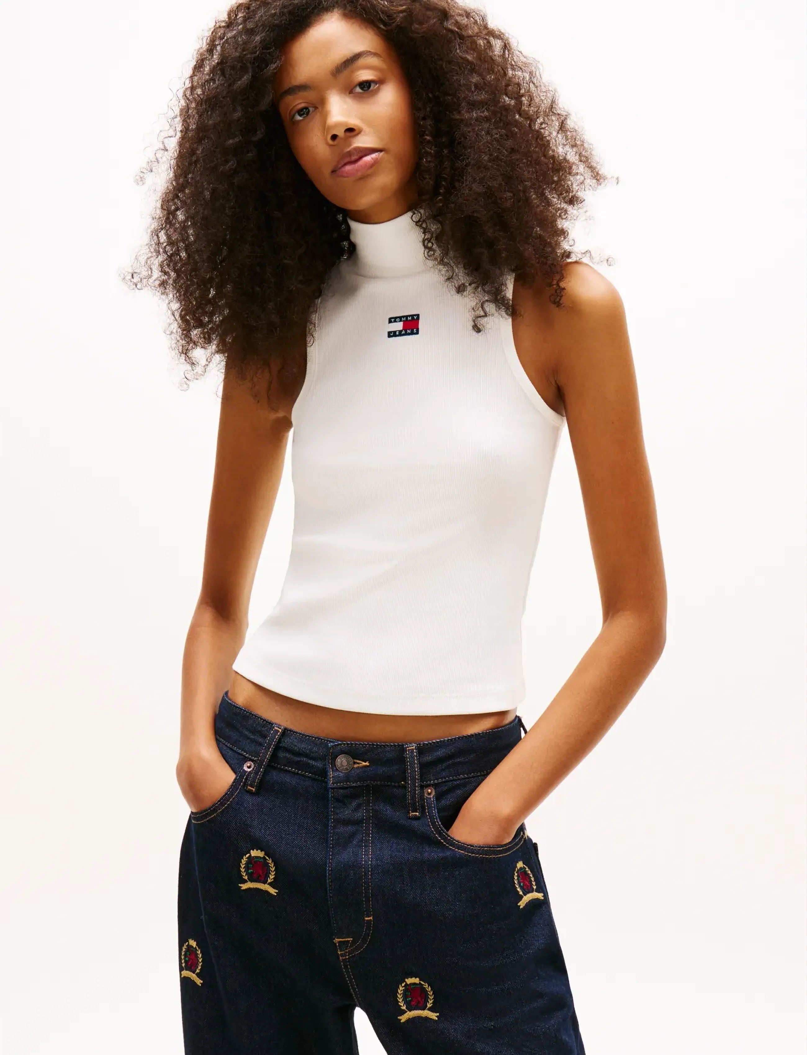 Tommy Jeans TJW SLIM SH BADGE RIB TANK - Tøj - ECRU / white