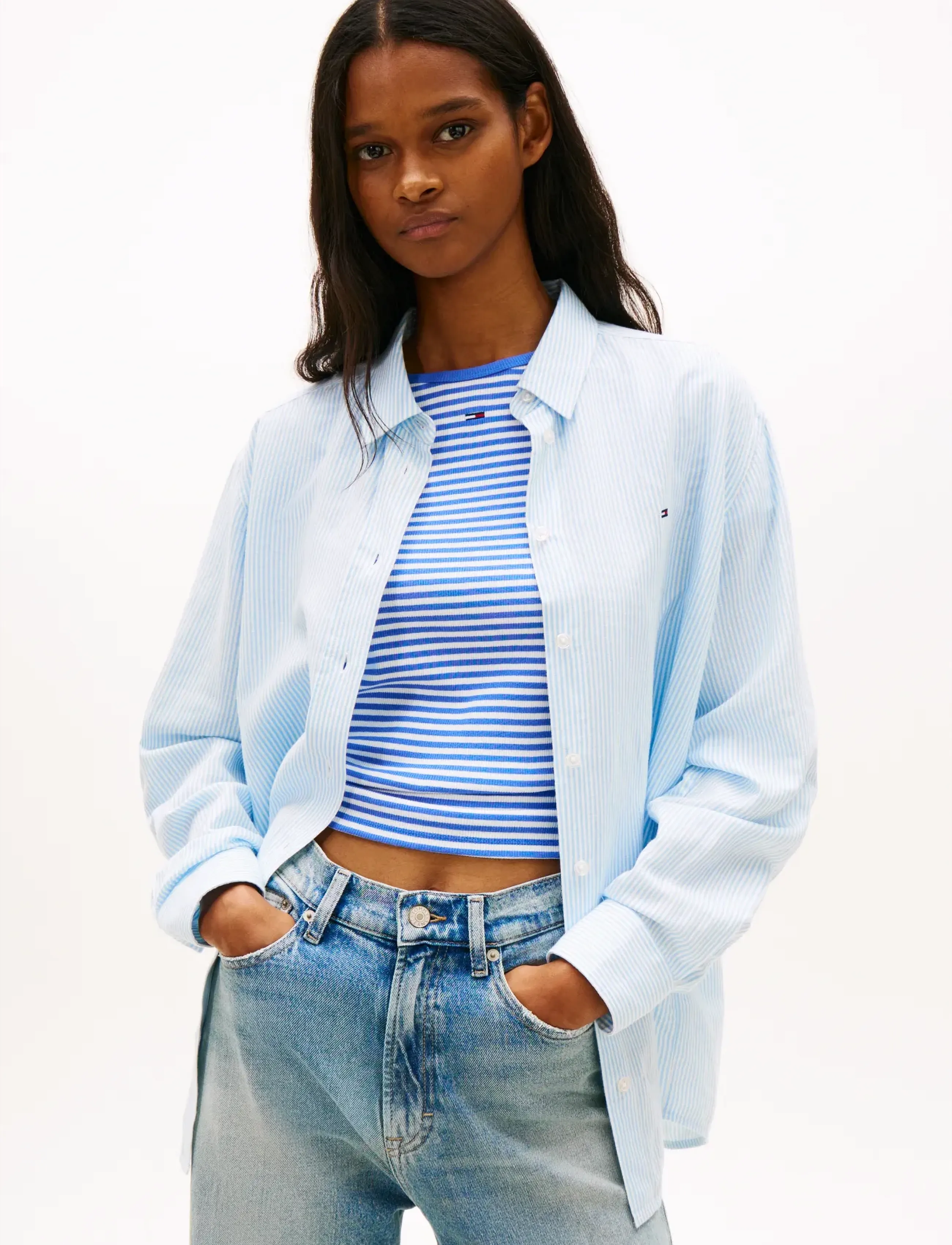 Tommy Jeans TJW RLX LINEN SHIRT - Kleidung - LIGHT POWDERY BLUE   STRIPE / blue