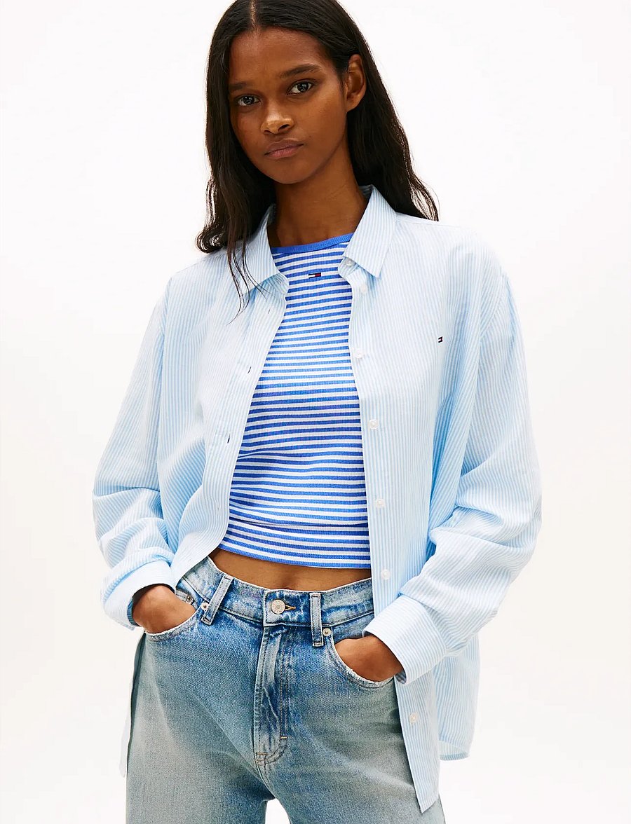 Tommy Jeans - TJW RLX LINEN SHIRT - langærmede skjorter - light powdery blue stripe - 0