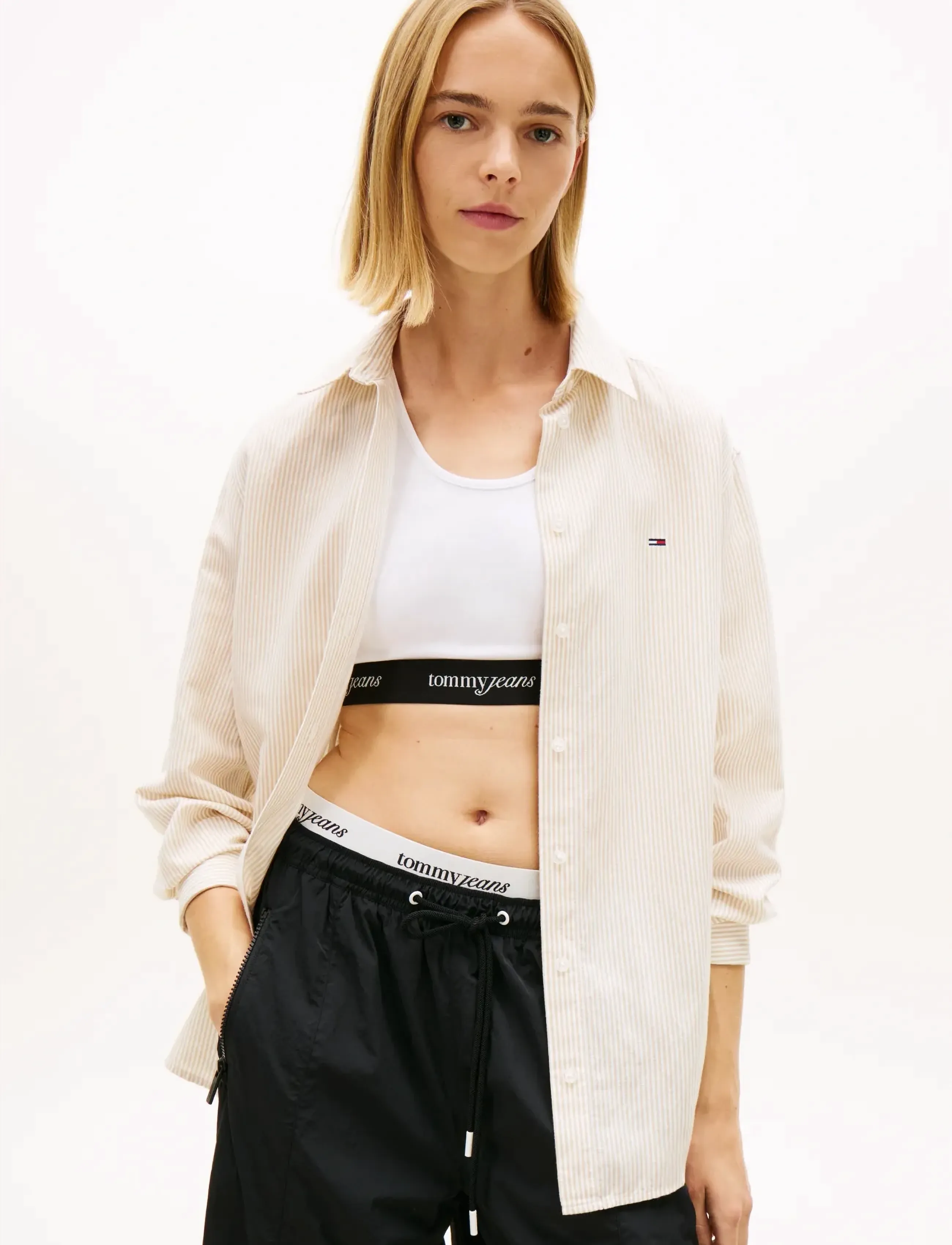 Tommy Jeans TJW RLX LINEN SHIRT - Shirts - WHITE CLAY   STRIPE / cream