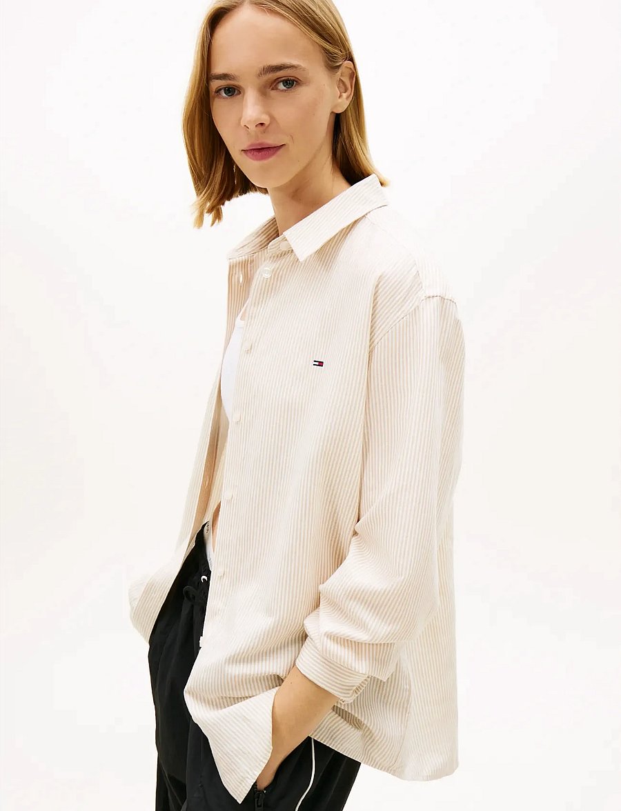Tommy Jeans - TJW RLX LINEN SHIRT - langærmede skjorter - white clay stripe - 4