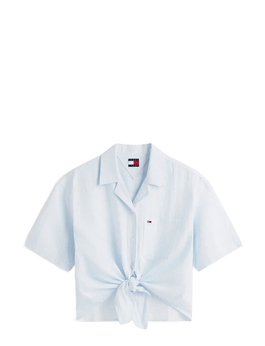 Tommy Jeans - TJW TIE FRONT LINEN SHIRT - kortærmede skjorter - light powdery blue stripe - 1