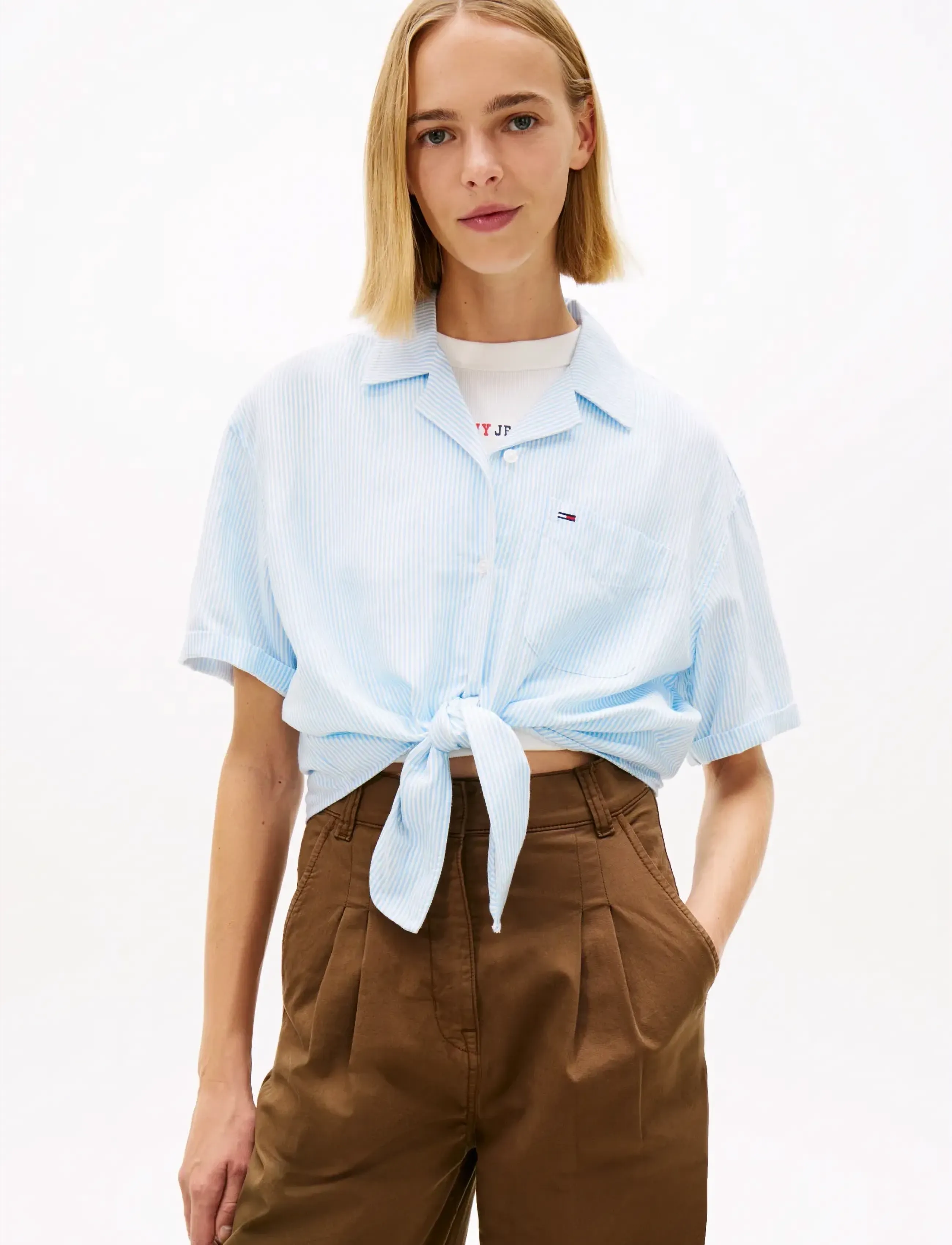 Tommy Jeans TJW TIE FRONT LINEN SHIRT - T-shirts & Toppe - LIGHT POWDERY BLUE   STRIPE / blue