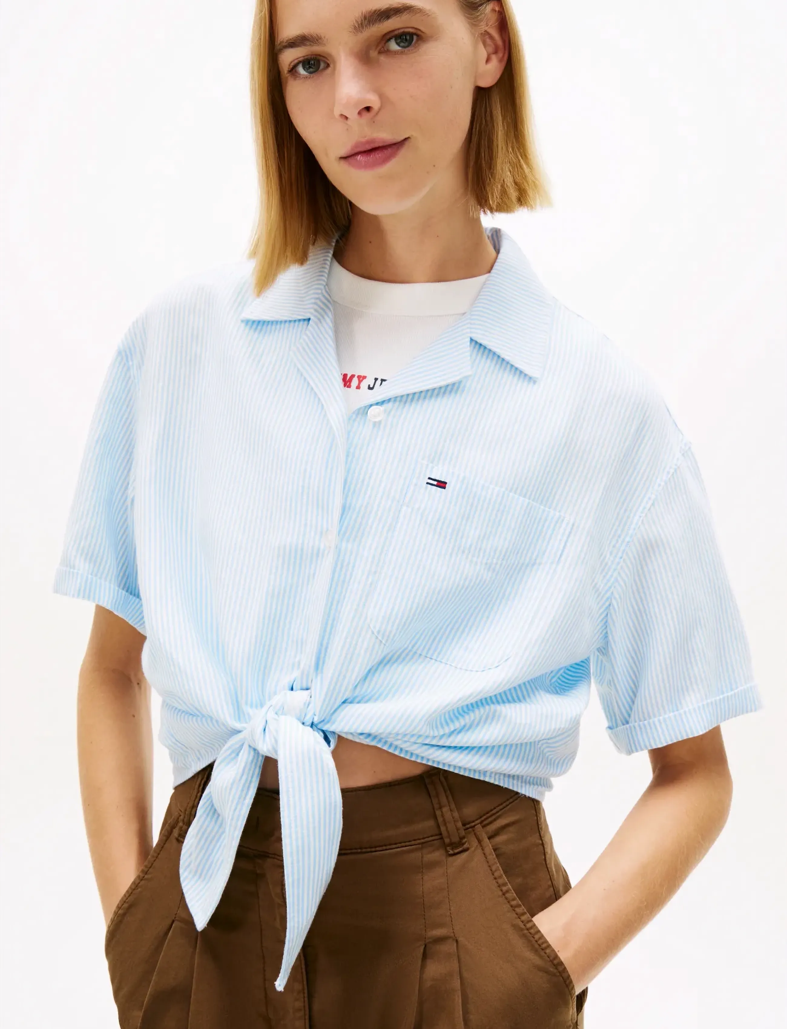Tommy Jeans - TJW TIE FRONT LINEN SHIRT - kortærmede skjorter - light powdery blue   stripe - 4