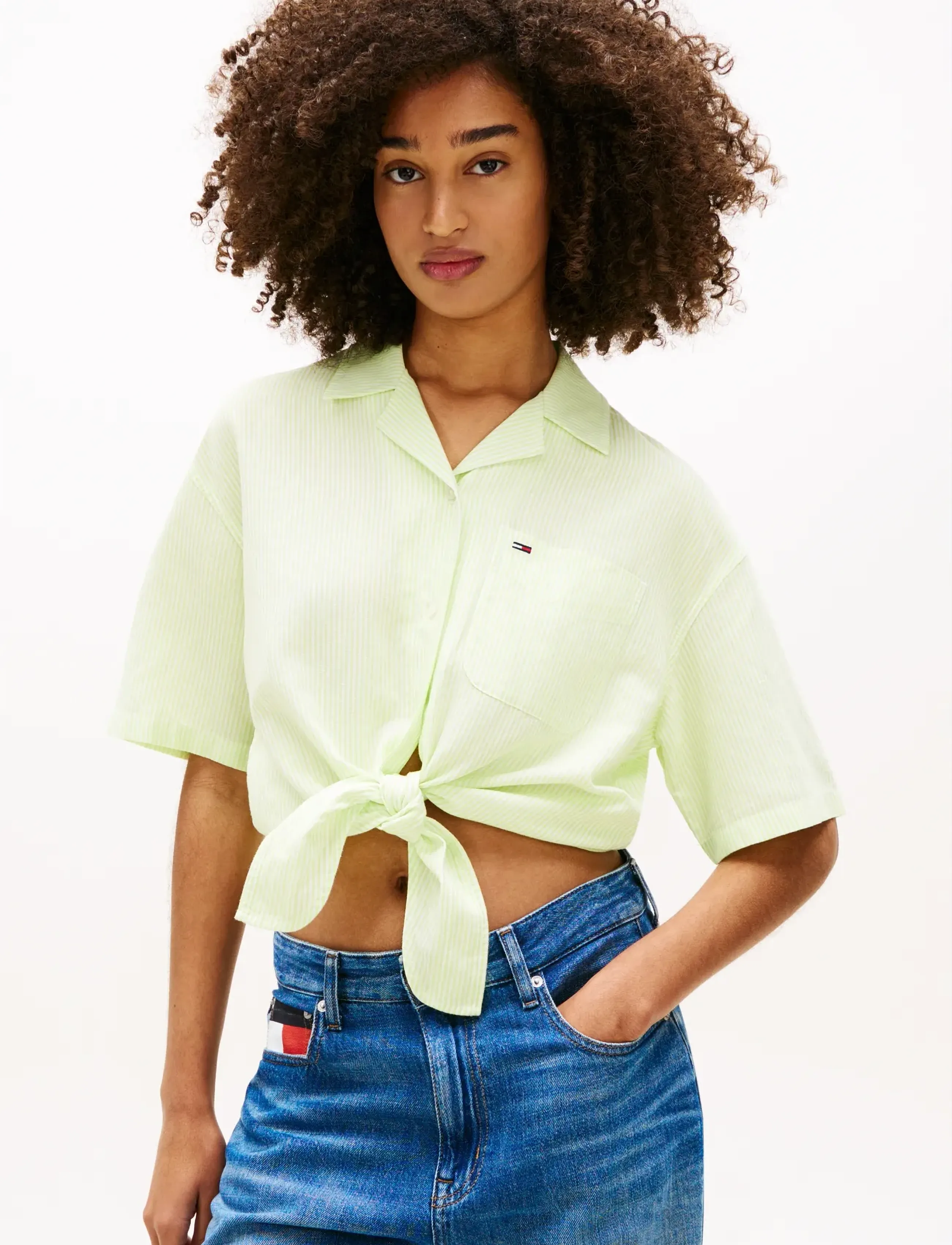 Tommy Jeans TJW TIE FRONT LINEN SHIRT - Koszule - FADED LIME   STRIPE / green