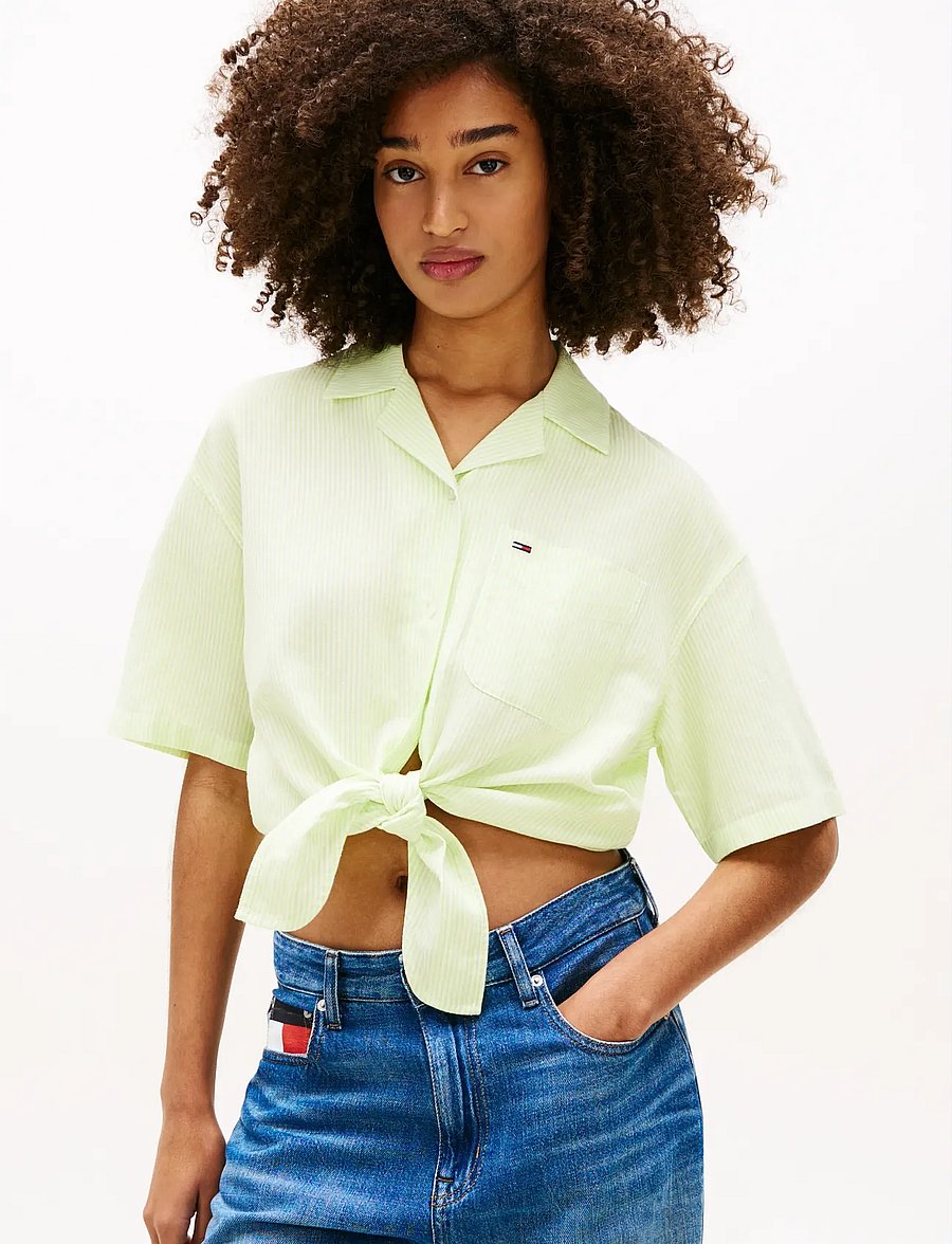 Tommy Jeans - TJW TIE FRONT LINEN SHIRT - kortærmede skjorter - faded lime stripe - 0