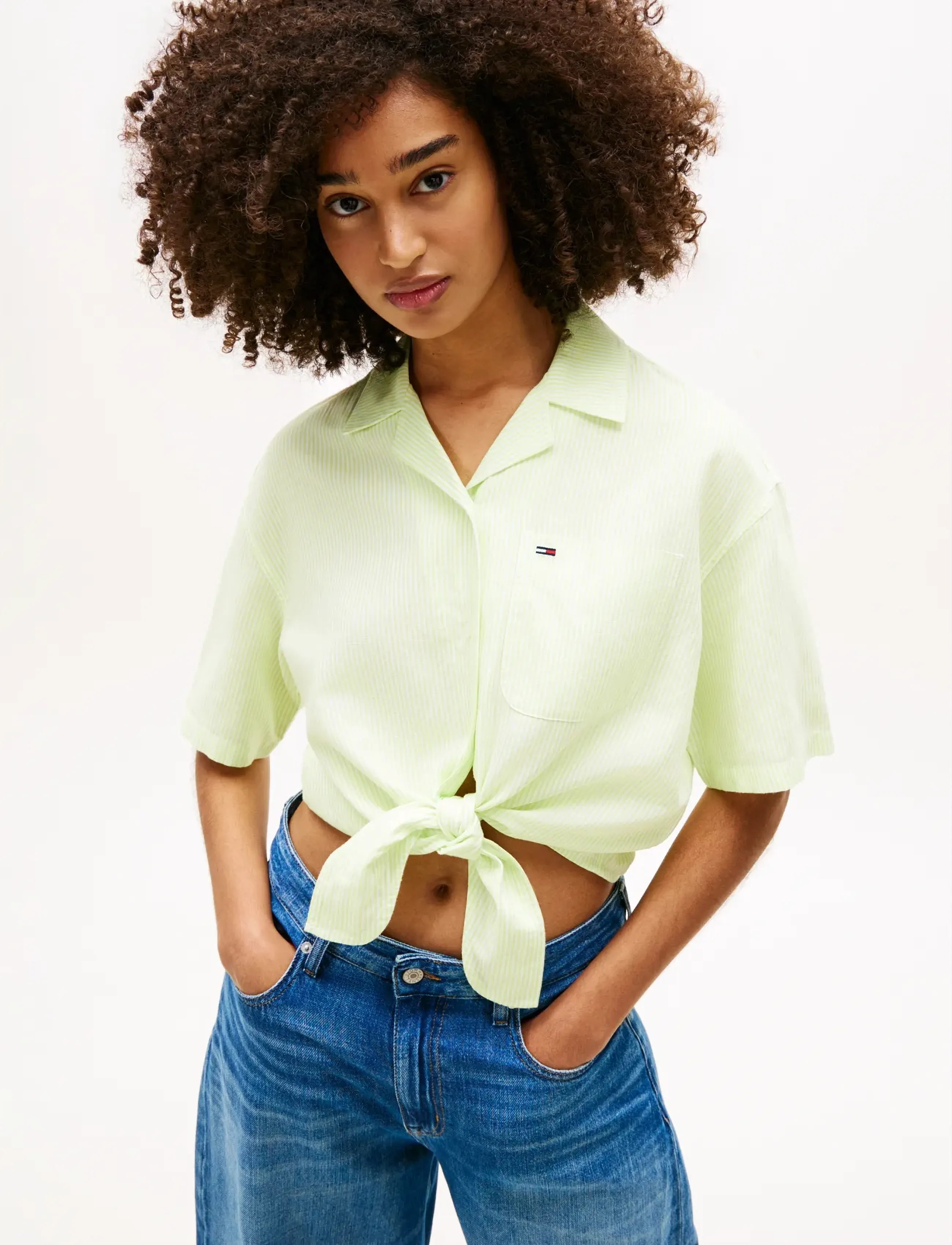 Tommy Jeans - TJW TIE FRONT LINEN SHIRT - kortærmede skjorter - faded lime   stripe - 4