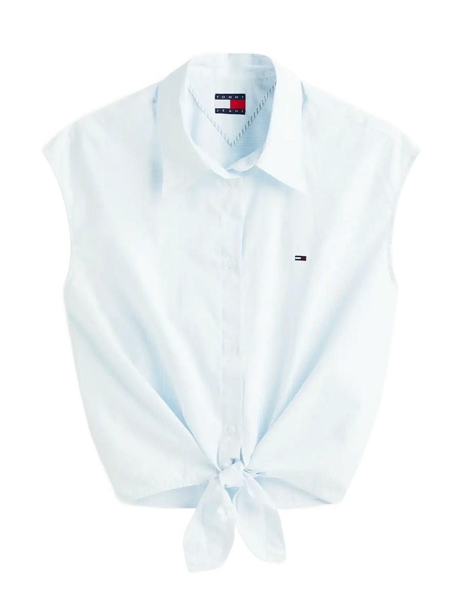 Tommy Jeans - TJW TIE FRONT POPLIN SHIRT - chemises à manches courtes - light powdery blue stripe - 1