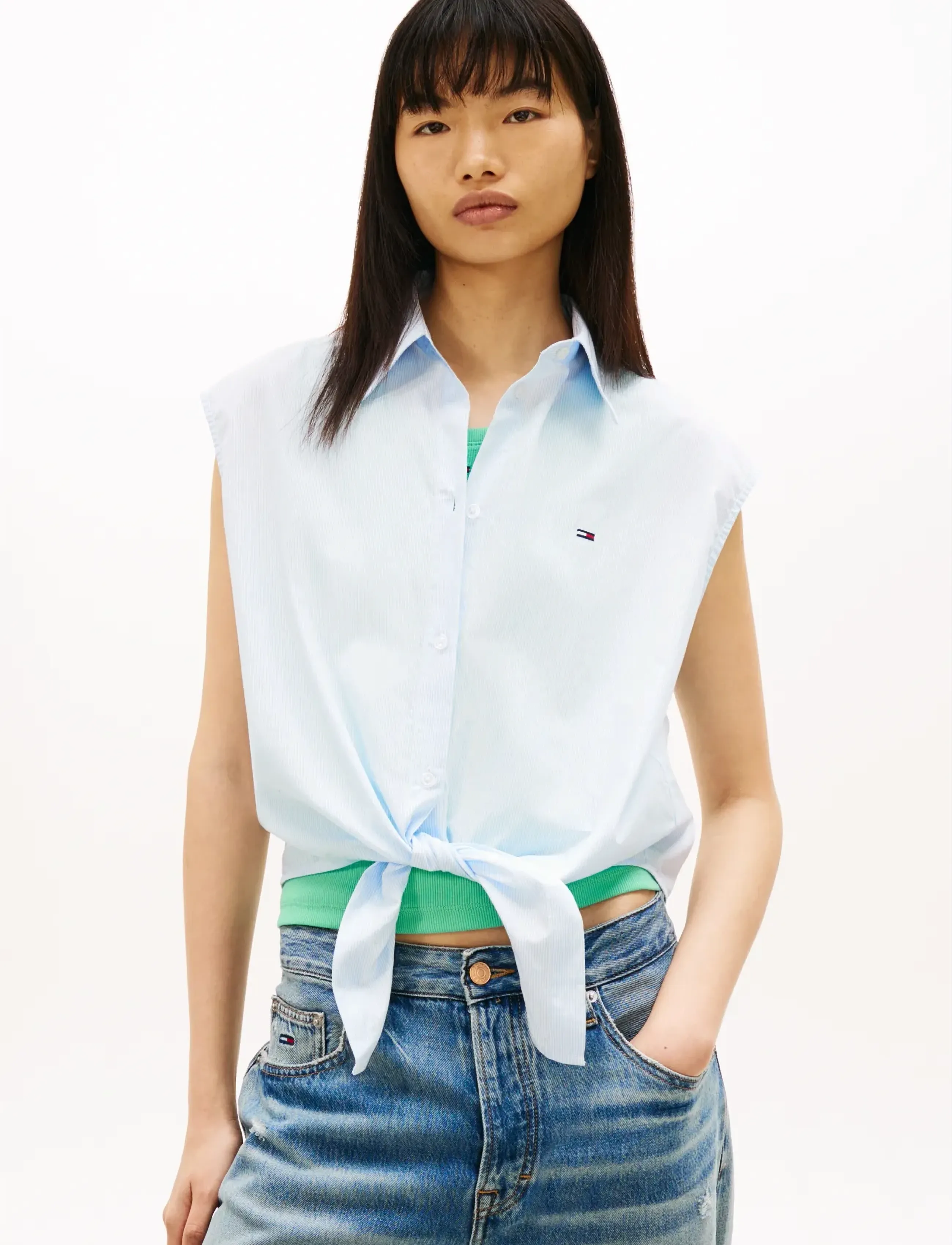Tommy Jeans TJW TIE FRONT POPLIN SHIRT - T-Shirts & Tops - LIGHT POWDERY BLUE   STRIPE / blue