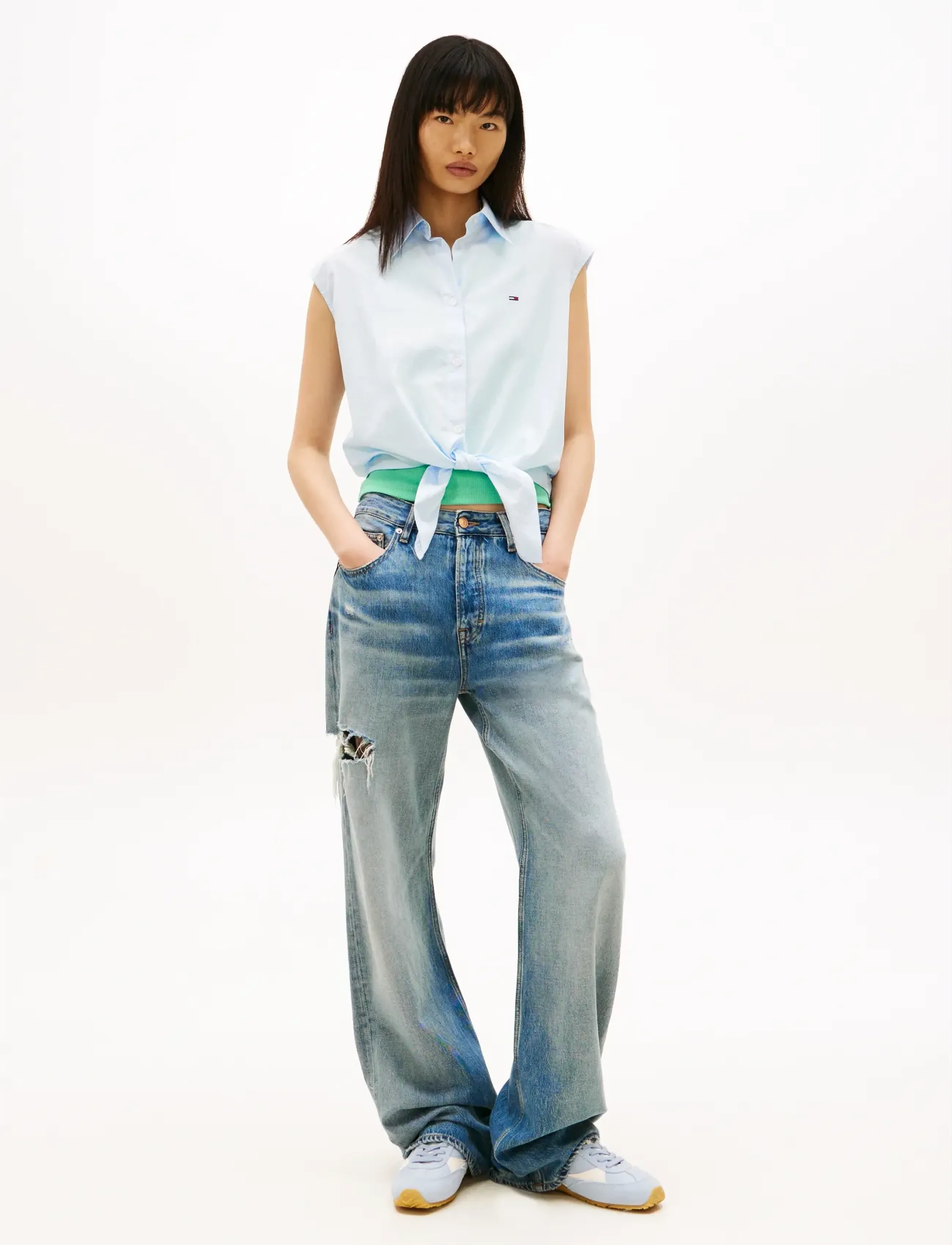 Tommy Jeans - TJW TIE FRONT POPLIN SHIRT - kortærmede skjorter - light powdery blue   stripe - 3