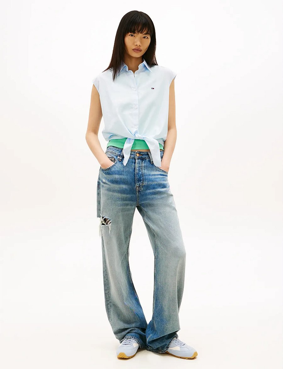 Tommy Jeans - TJW TIE FRONT POPLIN SHIRT - chemises à manches courtes - light powdery blue stripe - 3