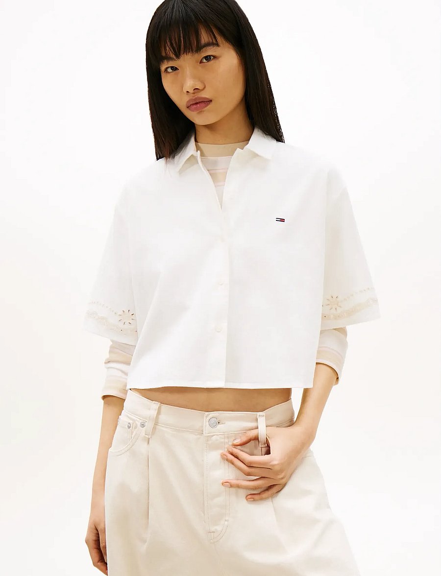 Tommy Jeans - TJW BRODERIE LINEN SHIRT - kortærmede skjorter - ancient white - 0