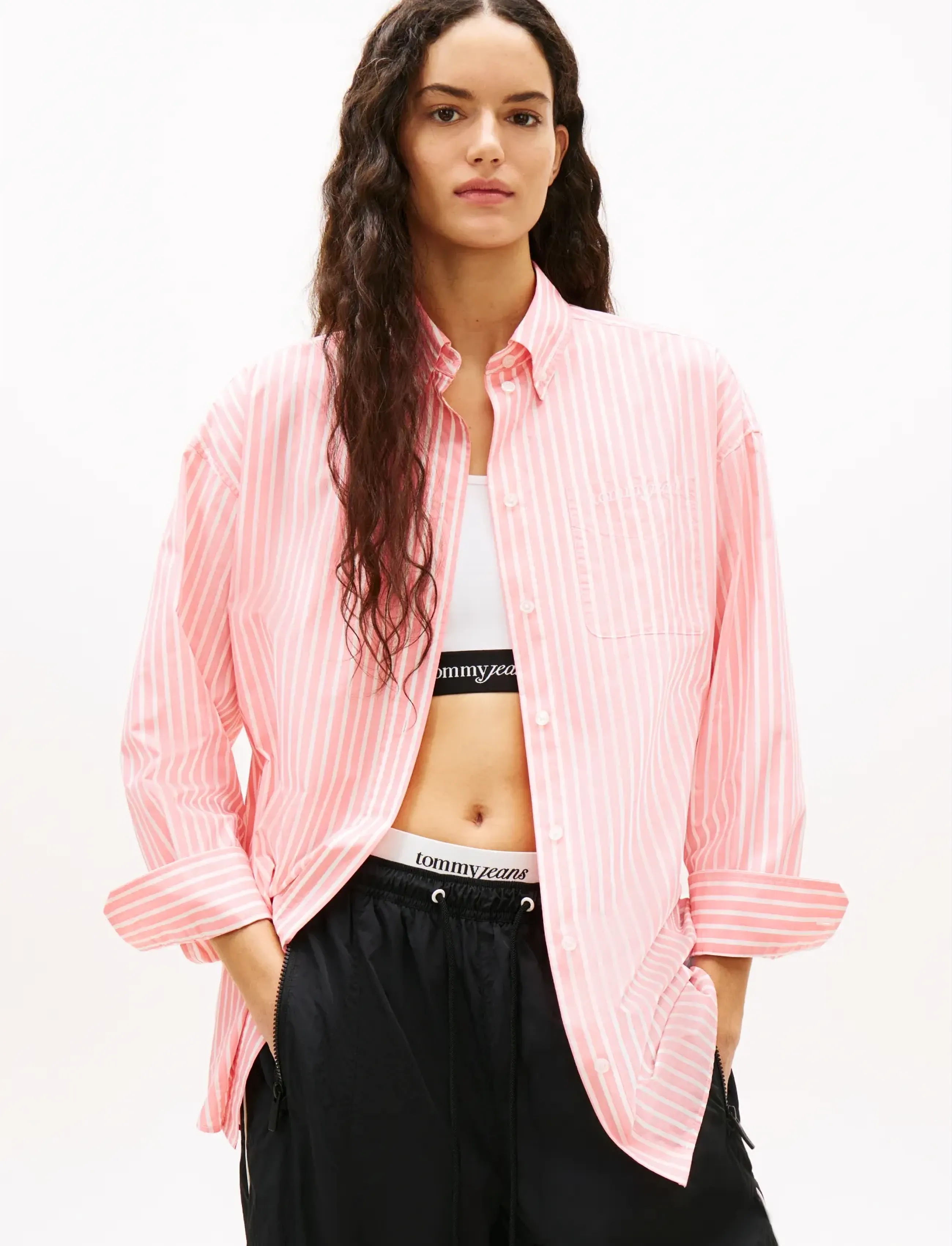 Tommy Jeans TJW OVS POPLIN SHIRT - Palaidinės ir marškiniai - TROPICAL BLUSH   STRIPE / pink/rose