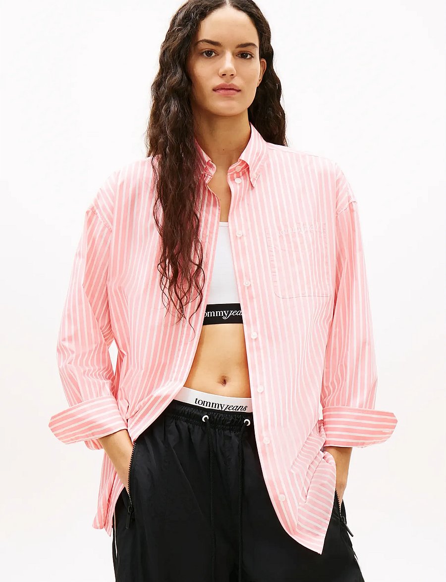 Tommy Jeans - TJW OVS POPLIN SHIRT - langärmlige hemden - tropical blush stripe - 0