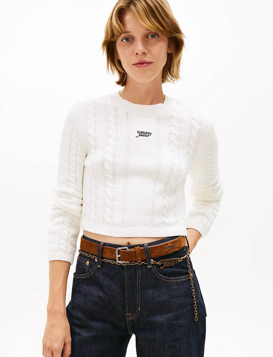 Tommy Jeans - TJW CABLE SCRIPT SWEATER - jumpers - ancient white - 0