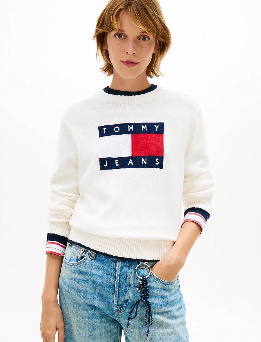 Tommy Jeans - TJW TIPPING FLAG SWEATER EXT - striktrøjer - ancient white - 0