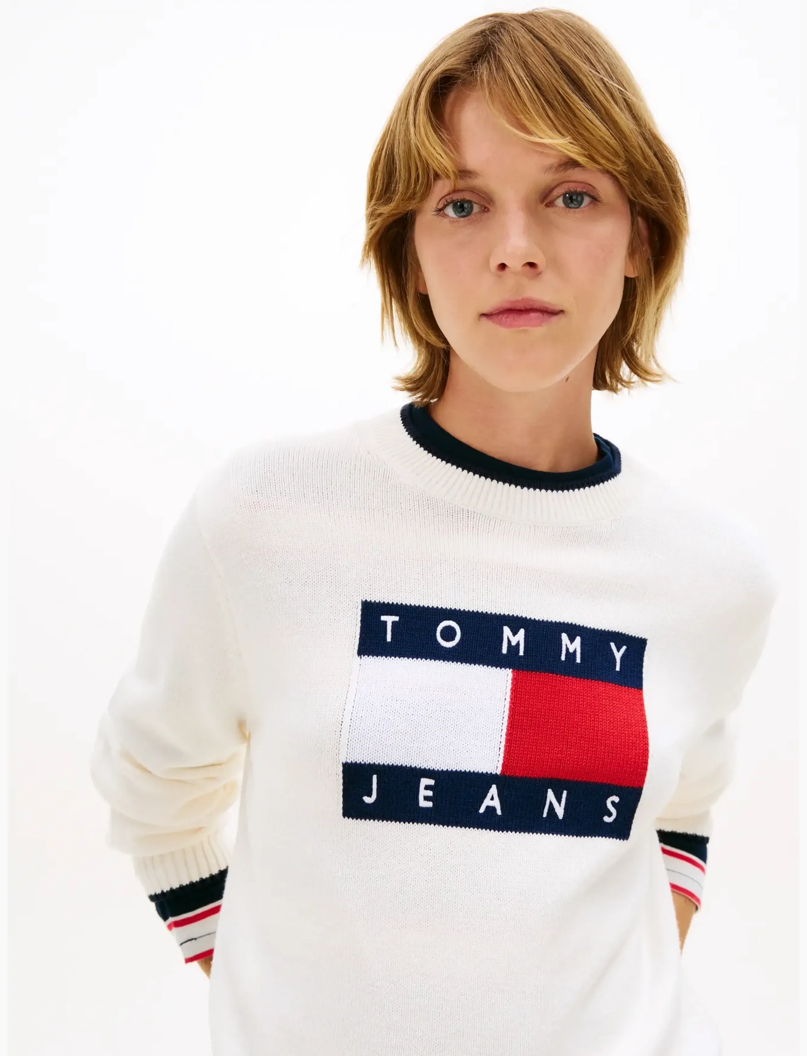 Tommy Jeans - TJW TIPPING FLAG SWEATER EXT - striktrøjer - ancient white - 4