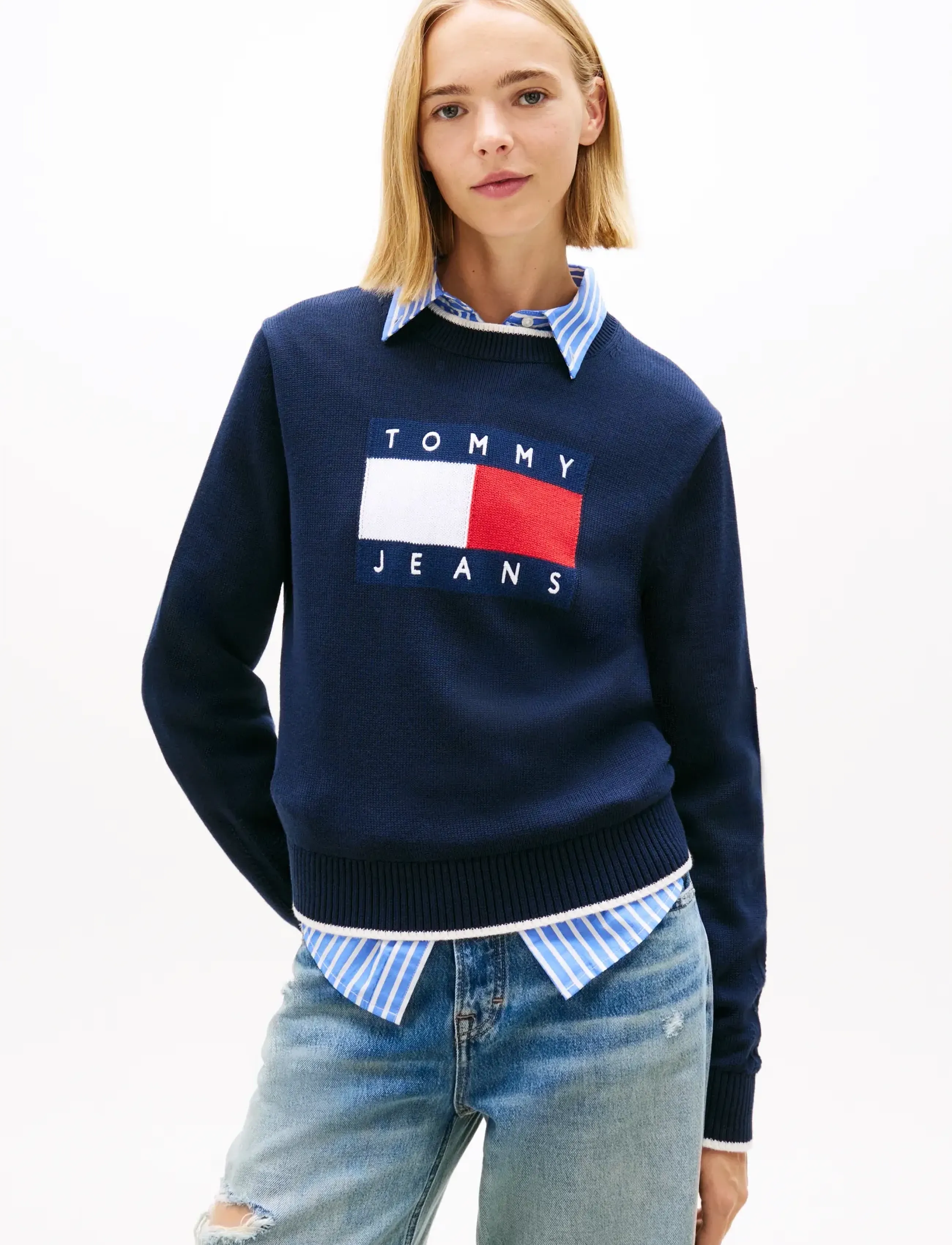 Tommy Jeans TJW TIPPING FLAG SWEATER EXT - Stickat - DARK NIGHT NAVY / navy
