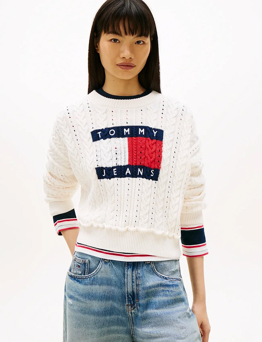 Tommy Jeans - TJW GMD CABLE FLAG SWEATER - striktrøjer - ancient white - 0
