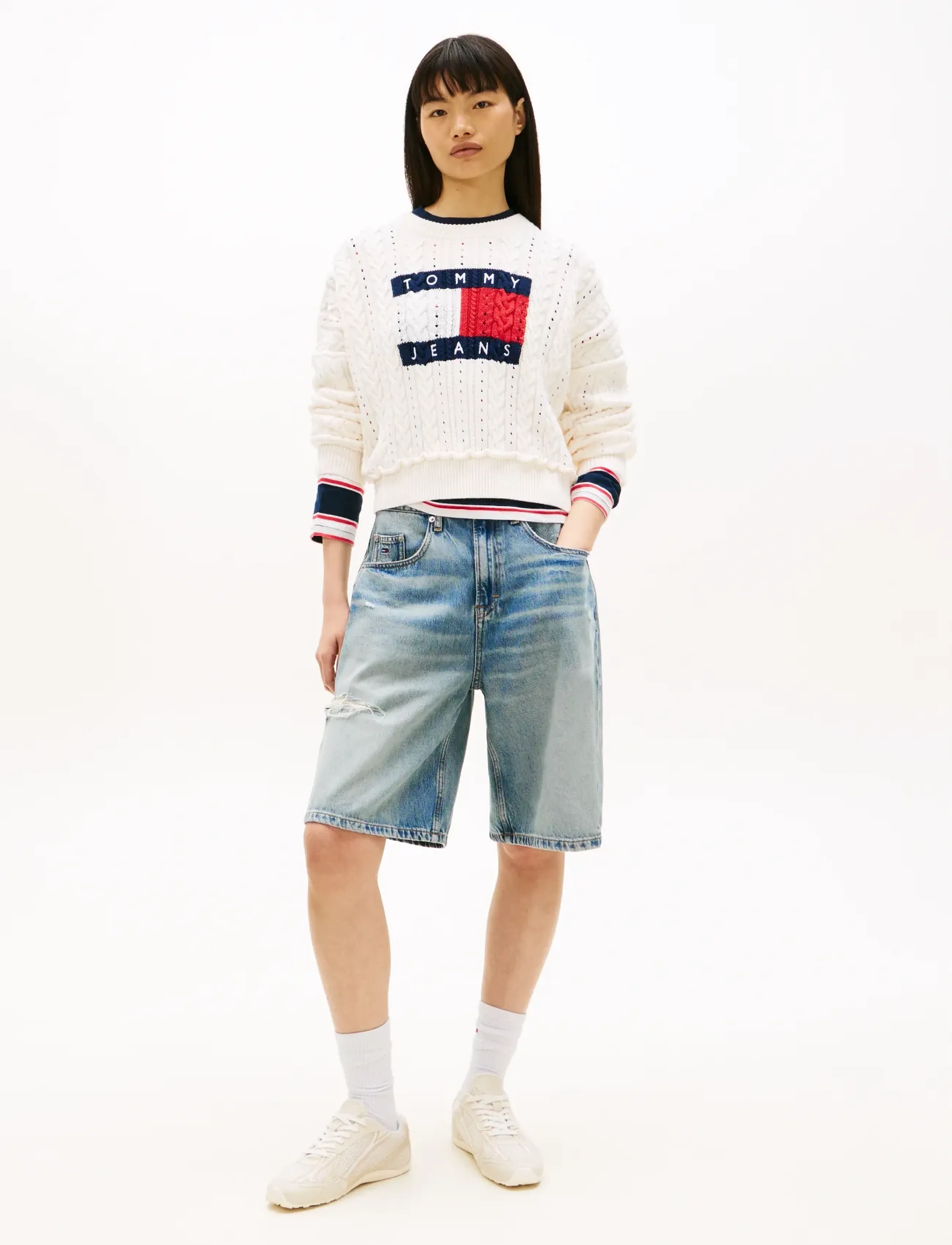 Tommy Jeans - TJW GMD CABLE FLAG SWEATER - striktrøjer - ancient white - 3