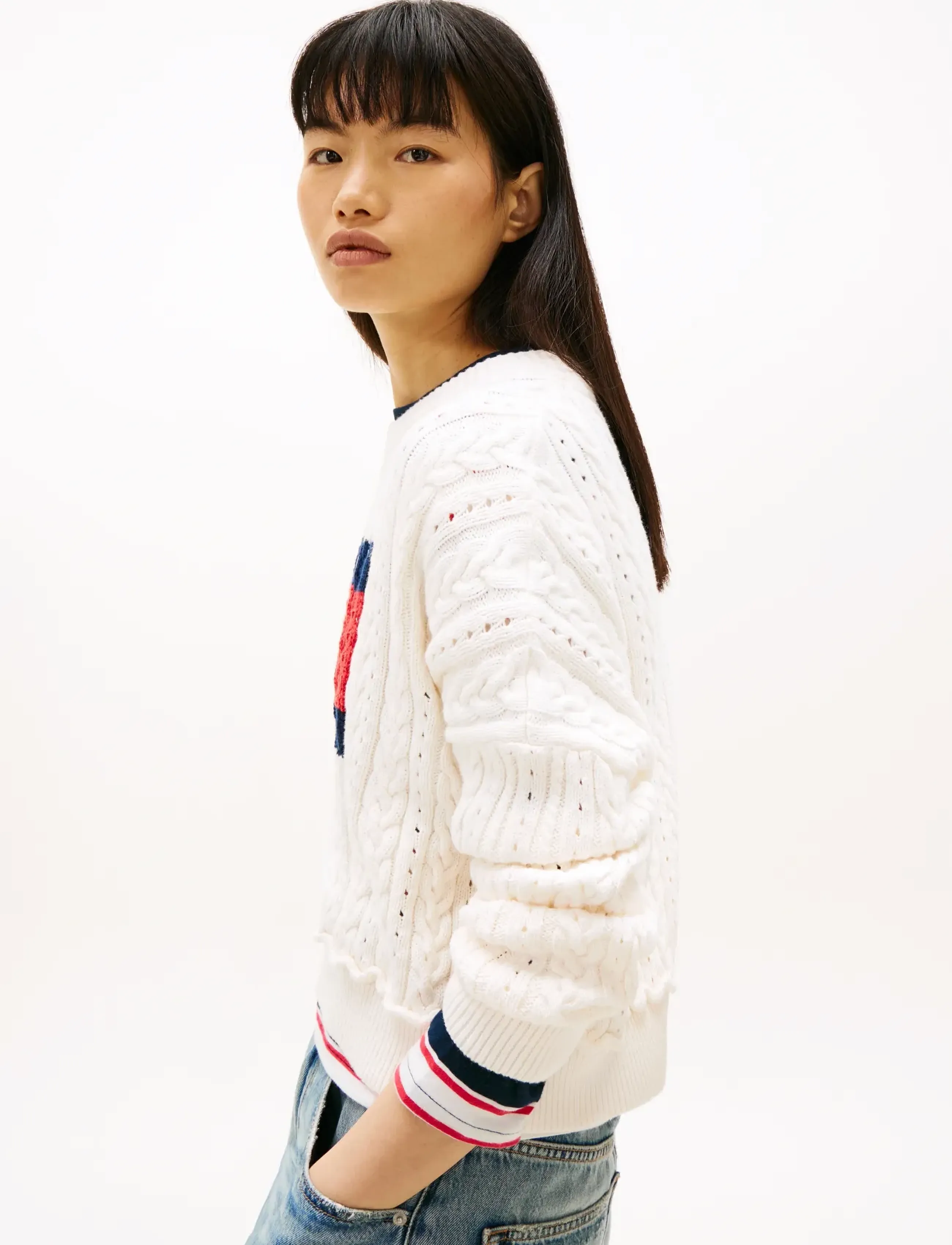 Tommy Jeans - TJW GMD CABLE FLAG SWEATER - striktrøjer - ancient white - 4