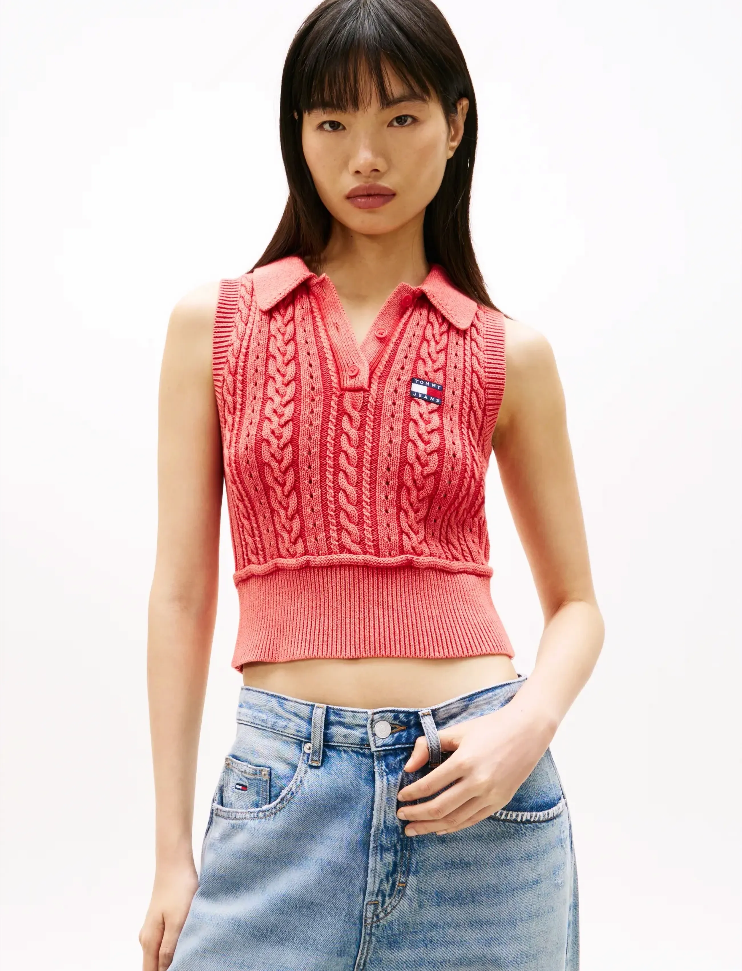 Tommy Jeans TJW GMD CABLE POLO SWEATER - Tommy Jeans - RED ALERT / red