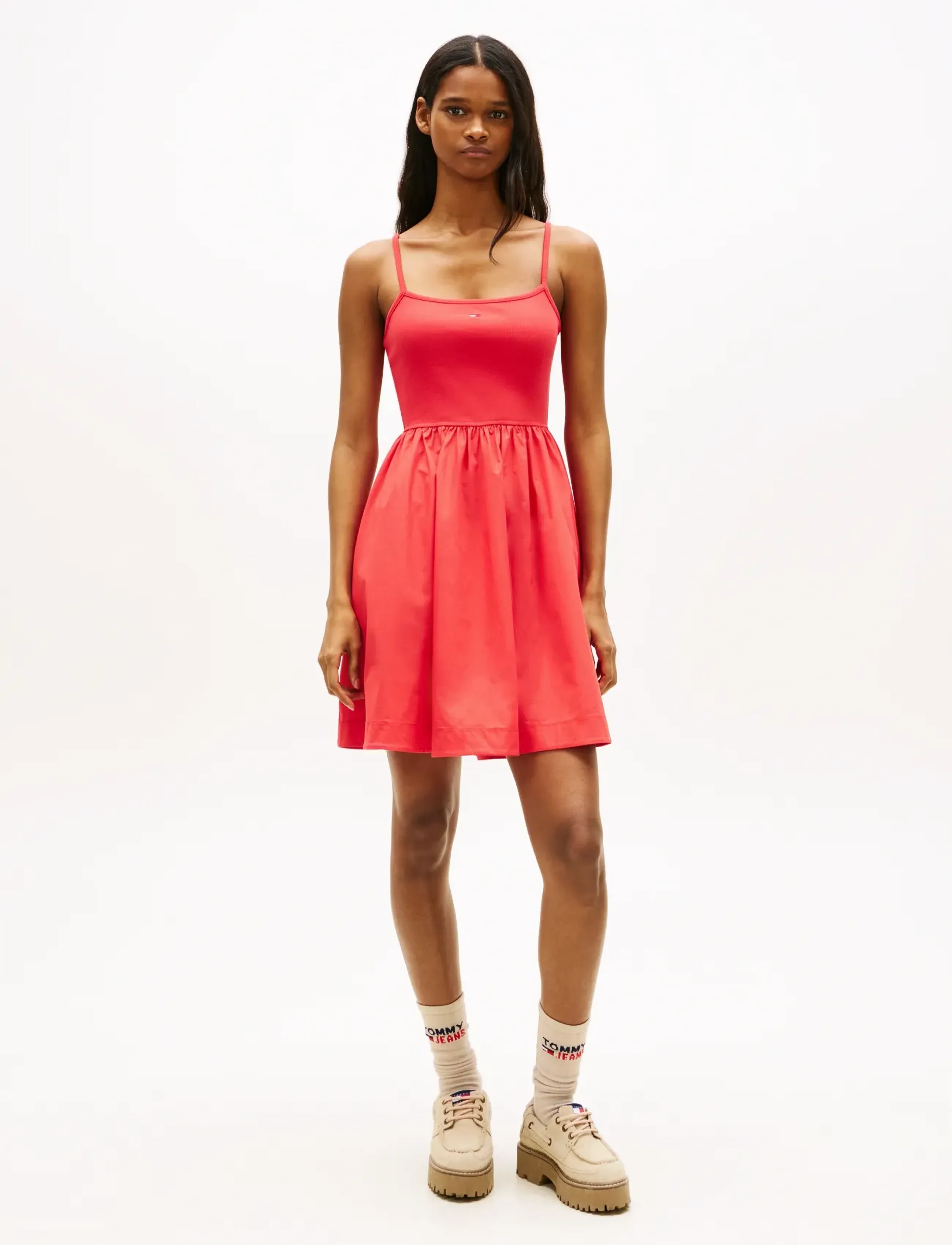 Tommy Jeans Tjw Rib Poplin Mix Strappy Dress, M, Dresses, Rot - Short Frauen