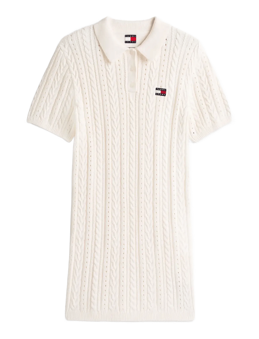 Tommy Jeans - TJW GMD CABLE SWEATER POLO DRESS - strikkjoler - ancient white - 1